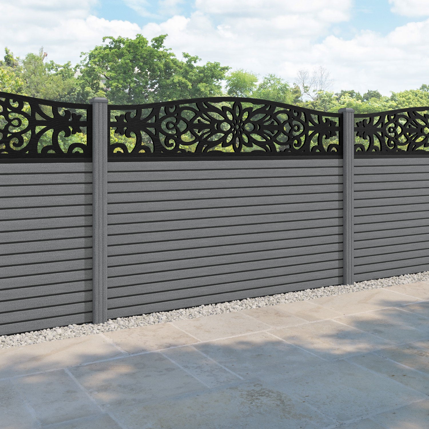 Hudson Windsor Curved Top Fence Panel - Mid Grey - with our composite posts