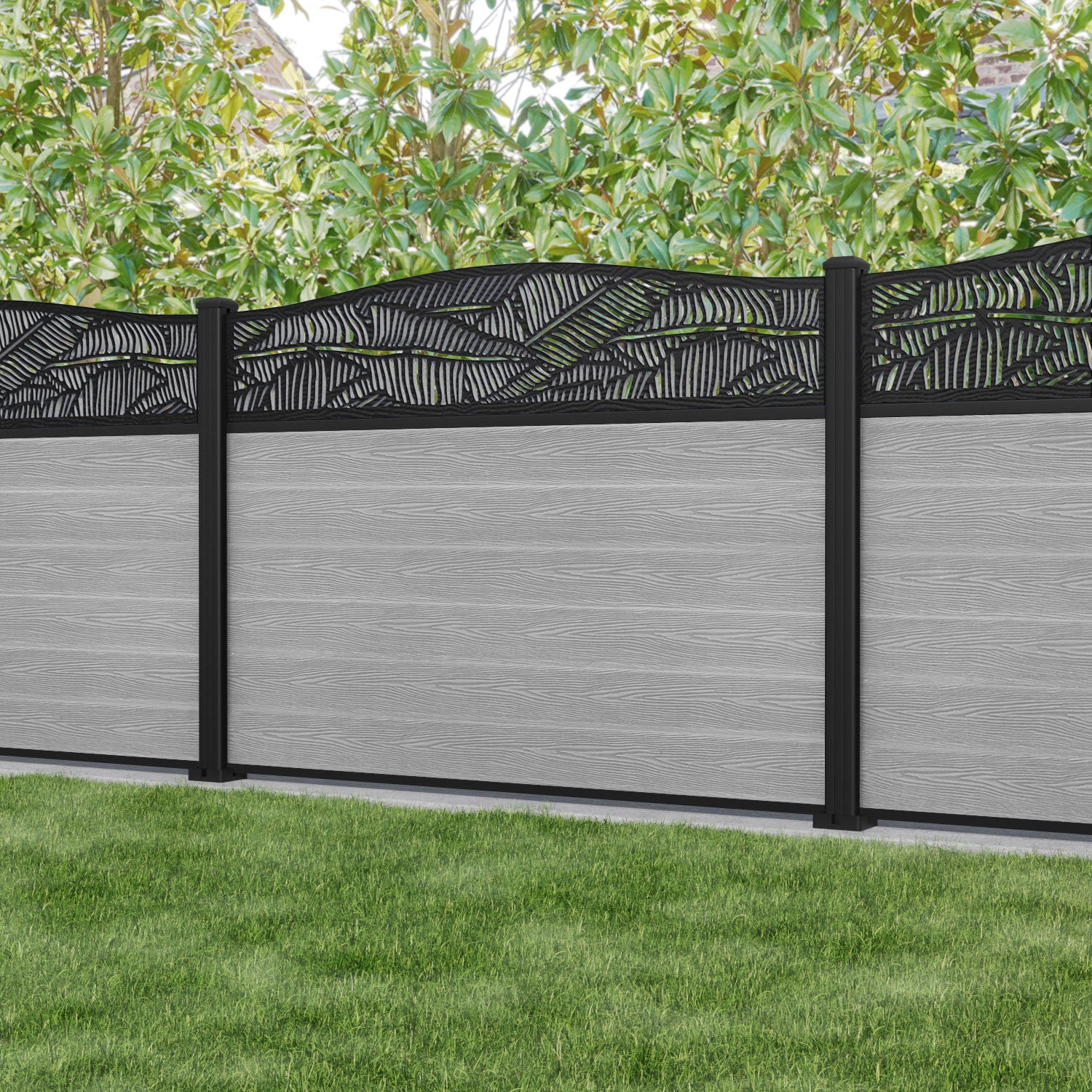 Classic Feather Curved Top Fence Panel - Light Grey - with our aluminium posts