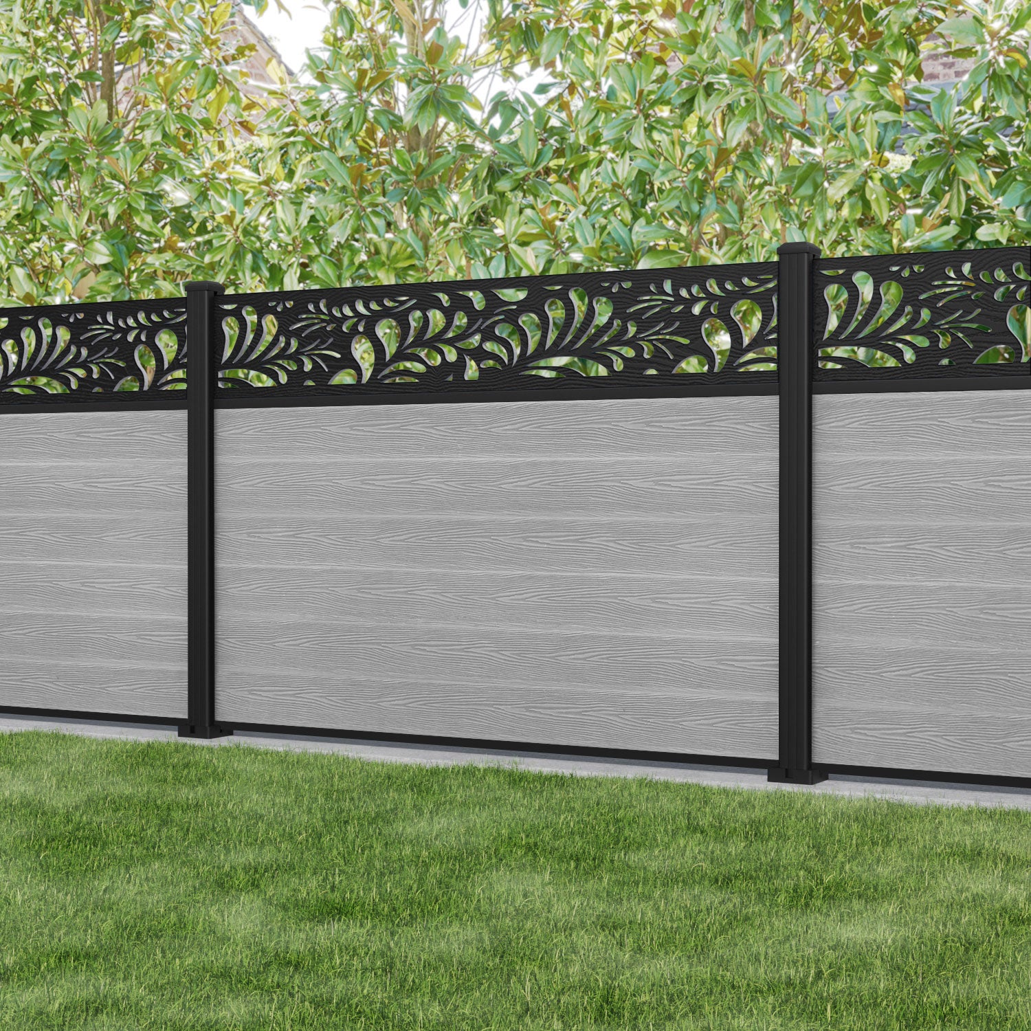 Classic Petal Fence Panel - Light Grey - with our aluminium posts
