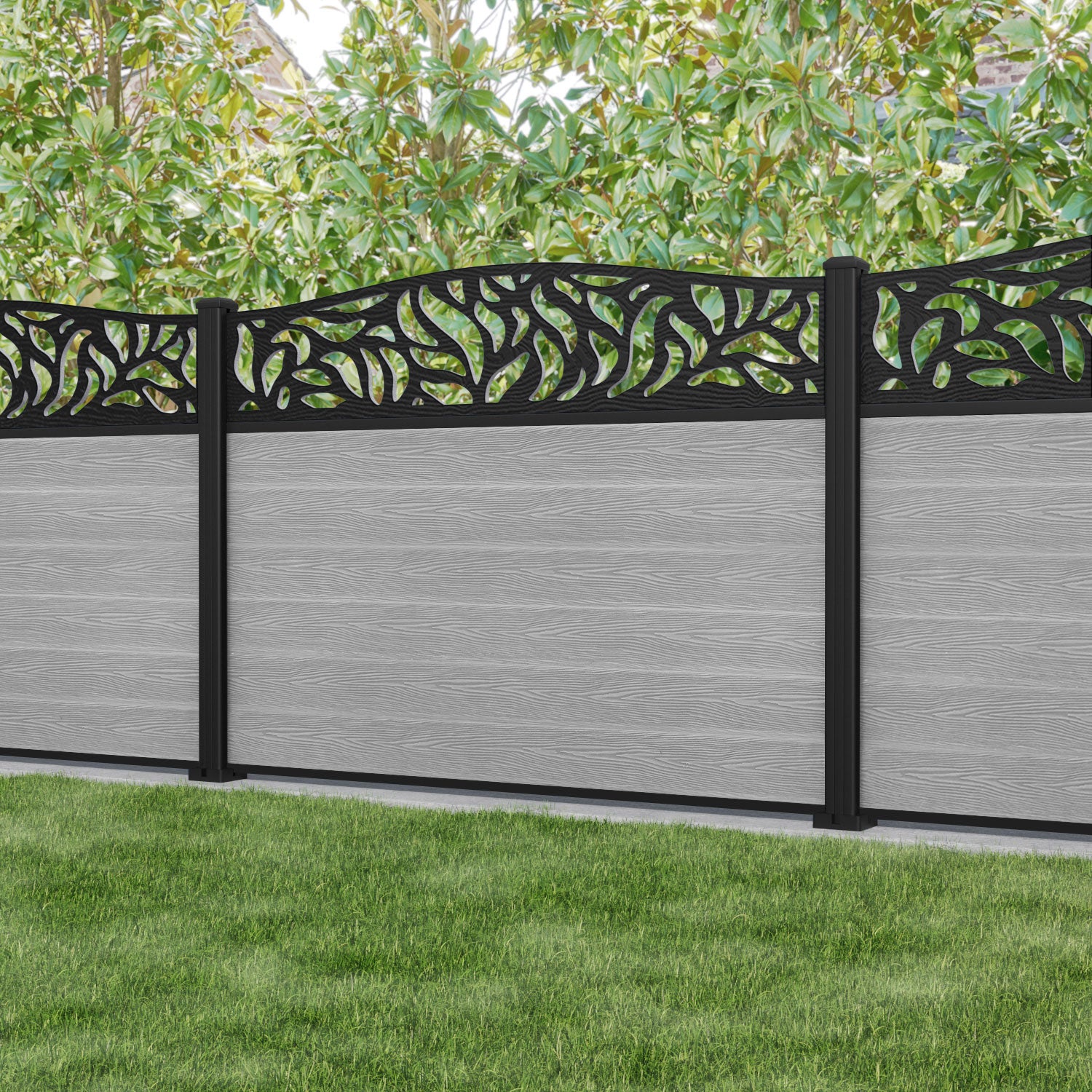 Classic Plume Curved Top Fence Panel - Light Grey - with our aluminium posts