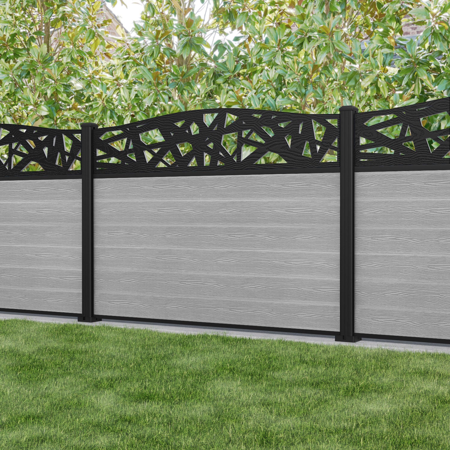 Classic Prism Curved Top Fence Panel - Light Grey - with our aluminium posts