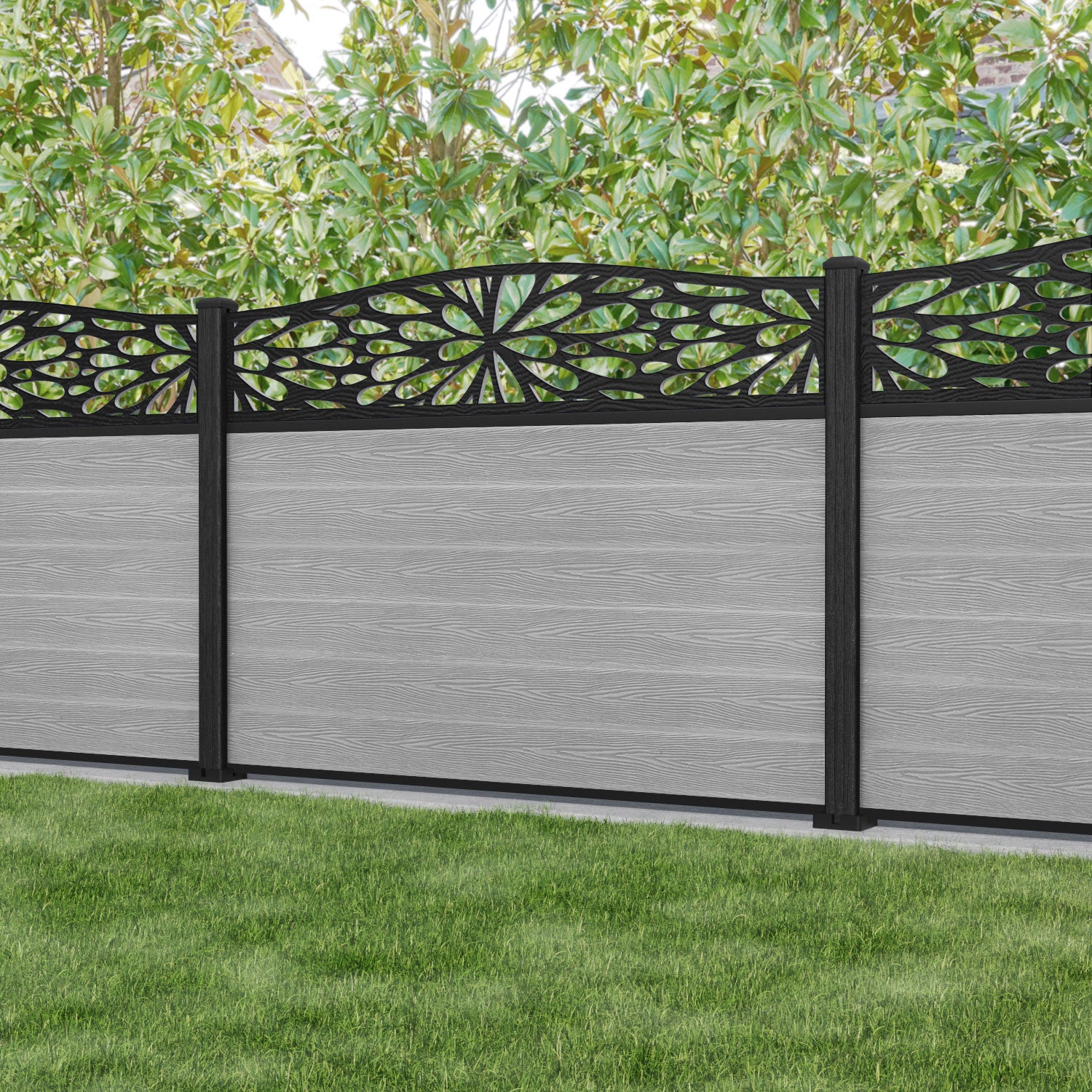 Classic Blossom Curved Top Fence Panel - Light Grey - with our composite posts