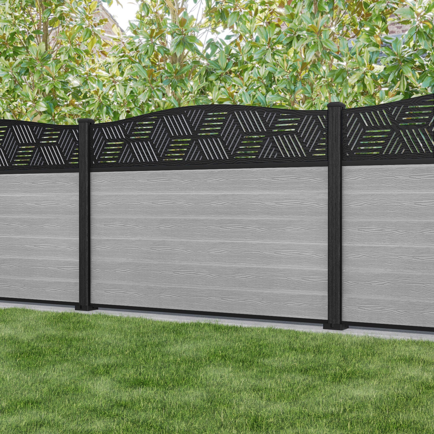 Classic Cubed Curved Top Fence Panel - Light Grey - with our composite posts
