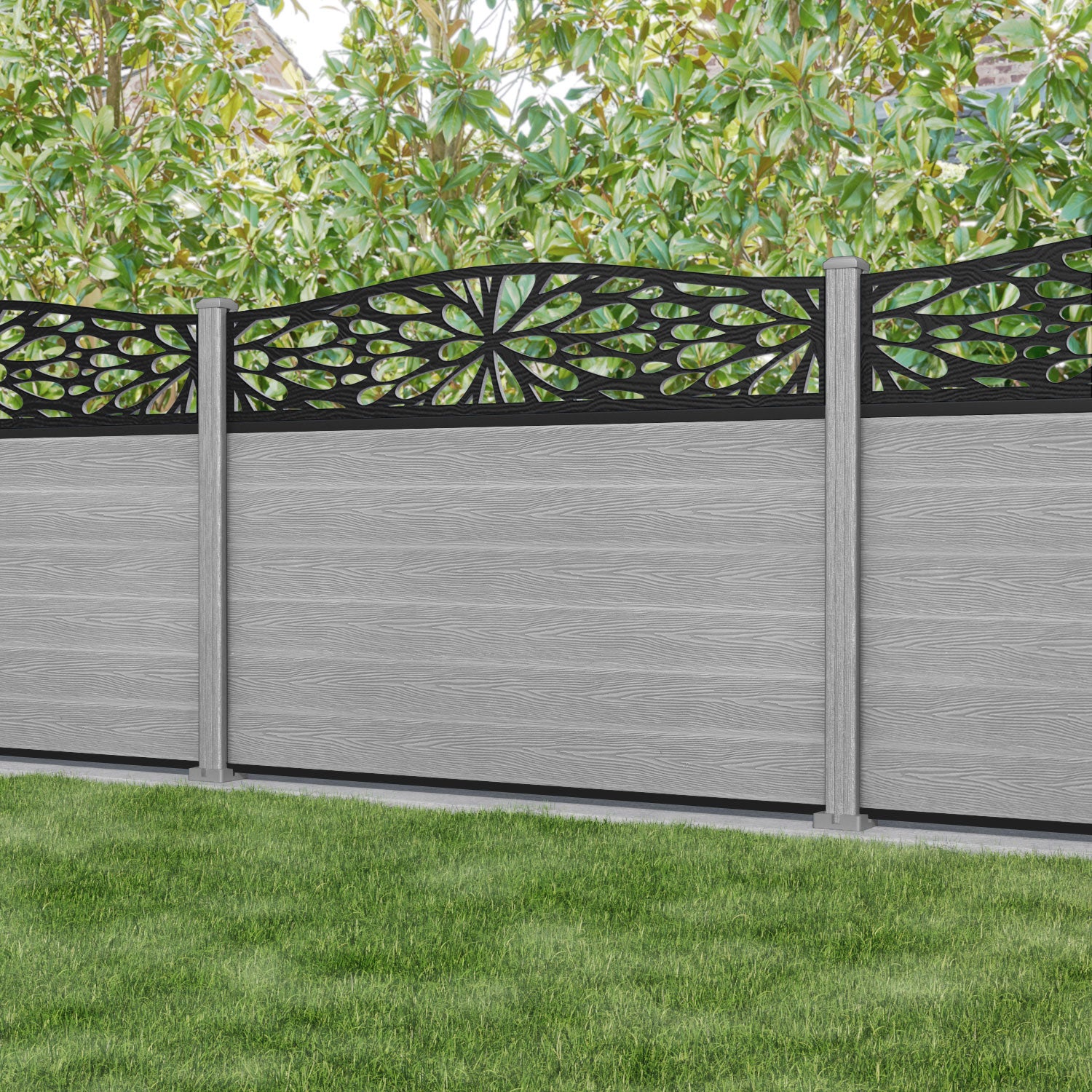 Classic Blossom Curved Top Fence Panel - Light Grey - with our composite posts