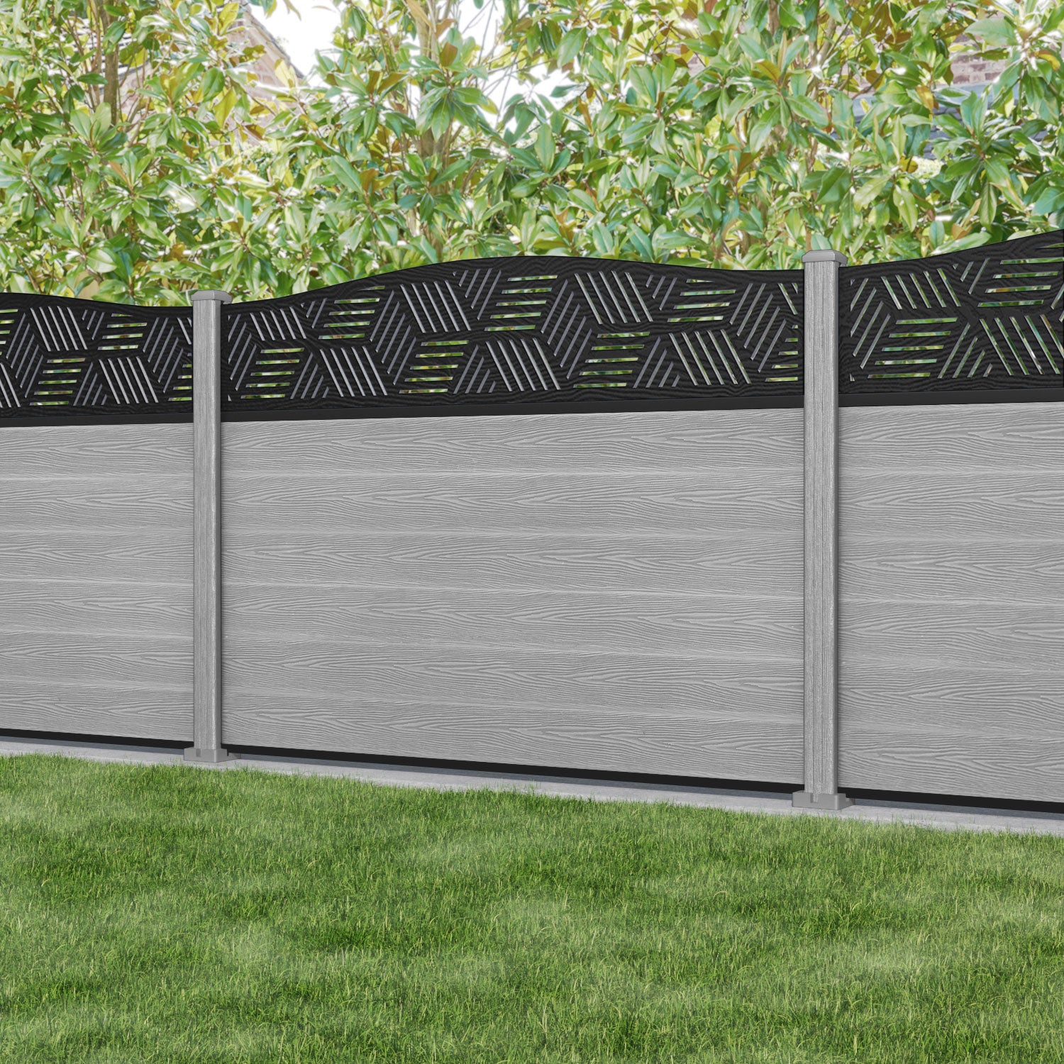 Classic Cubed Curved Top Fence Panel - Light Grey - with our composite posts