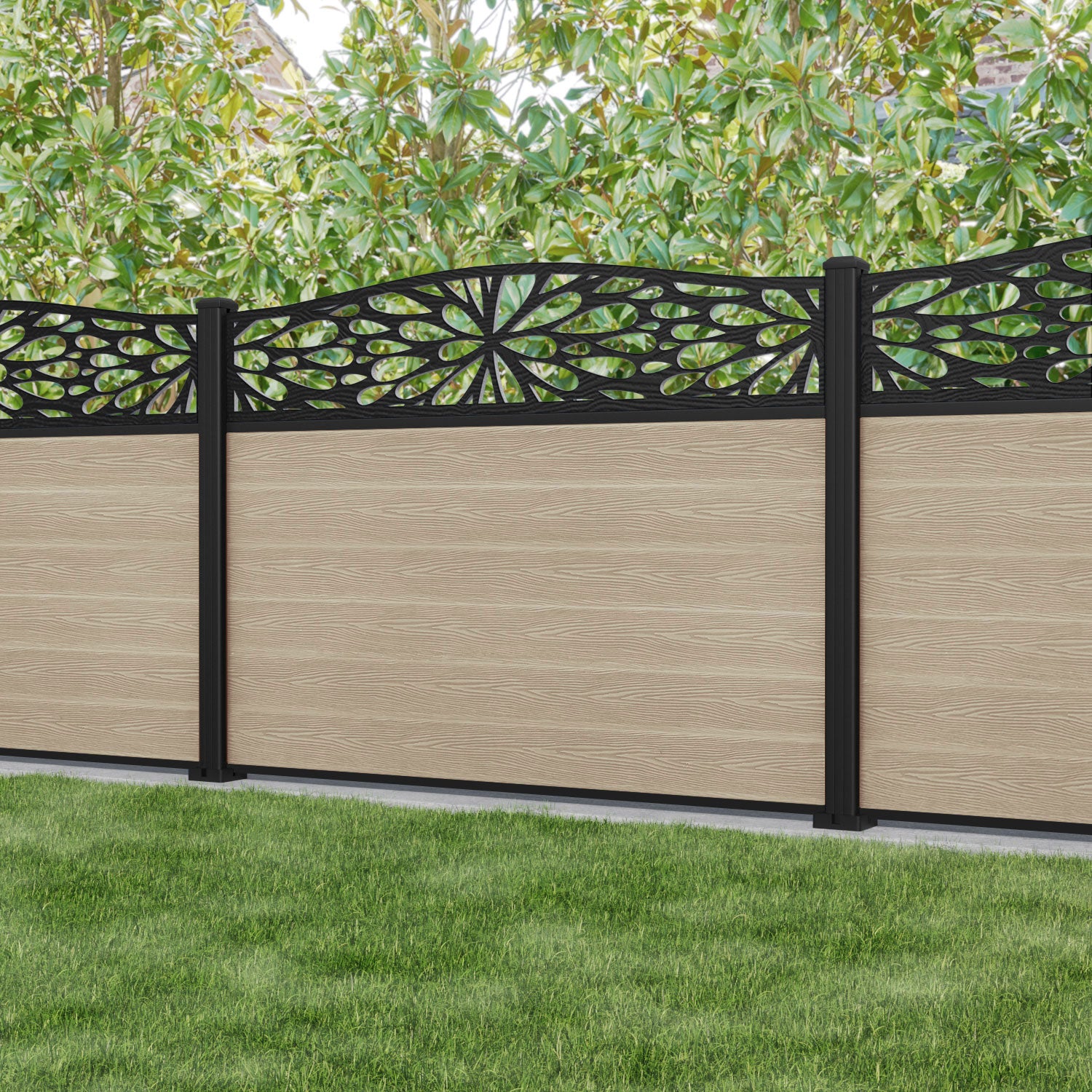 Classic Blossom Curved Top Fence Panel - Light Oak - with our aluminium posts