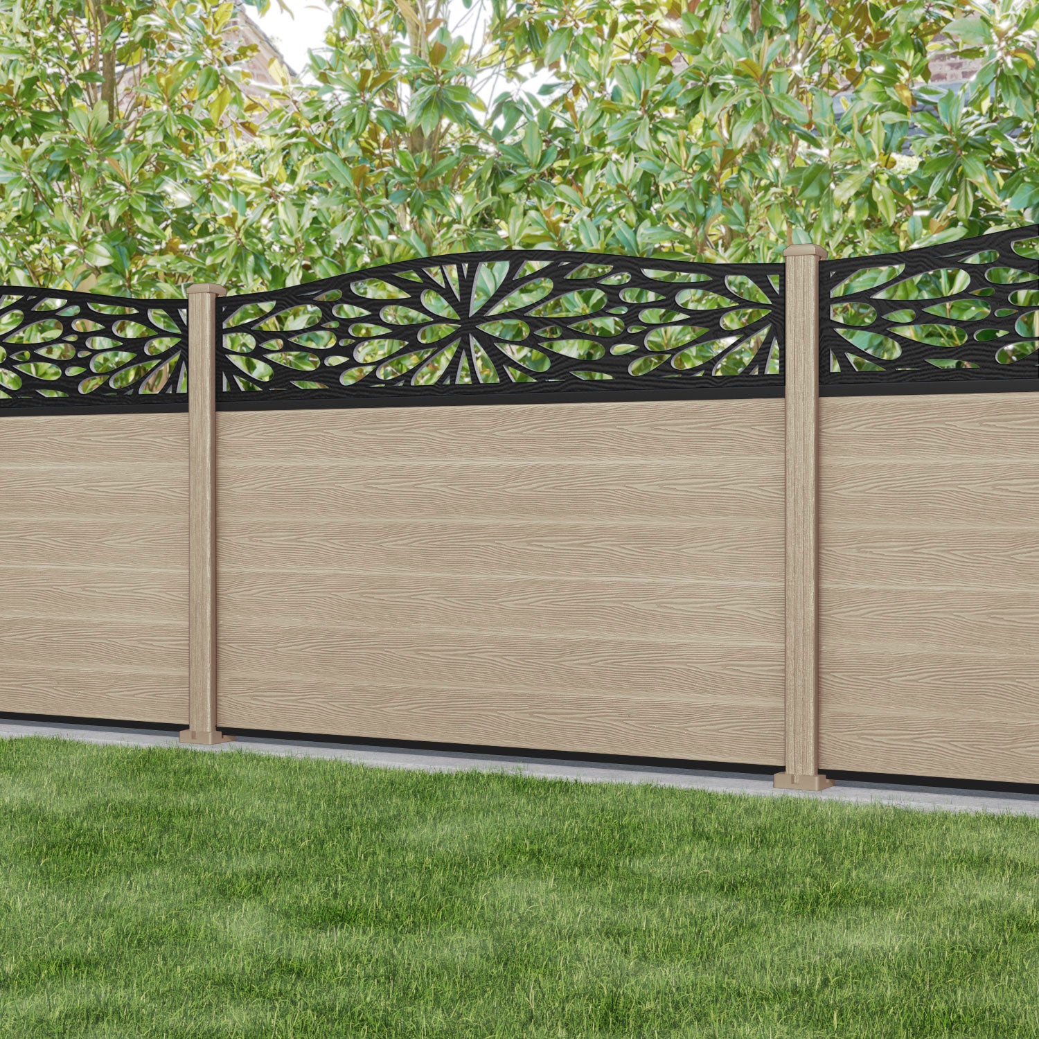 Classic Blossom Curved Top Fence Panel - Light Oak - with our composite posts