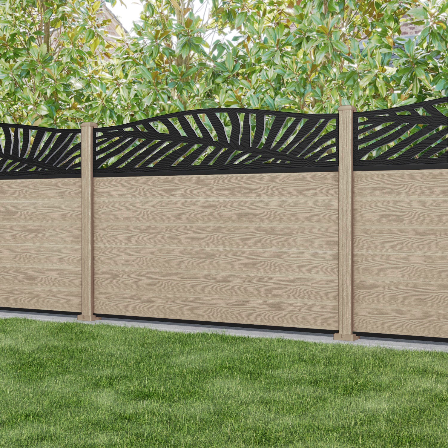 Classic Palm Curved Top Fence Panel - Light Oak - with our composite posts