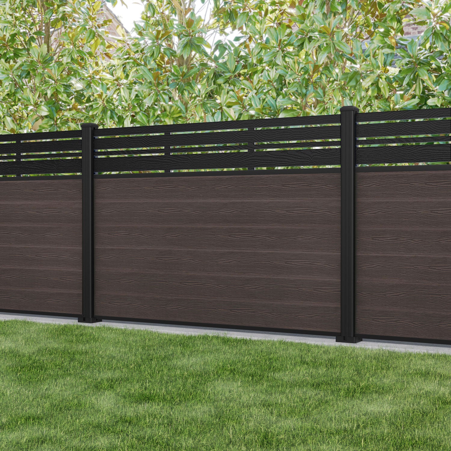 Classic Linea Fence Panel - Mid Brown - with our aluminium posts