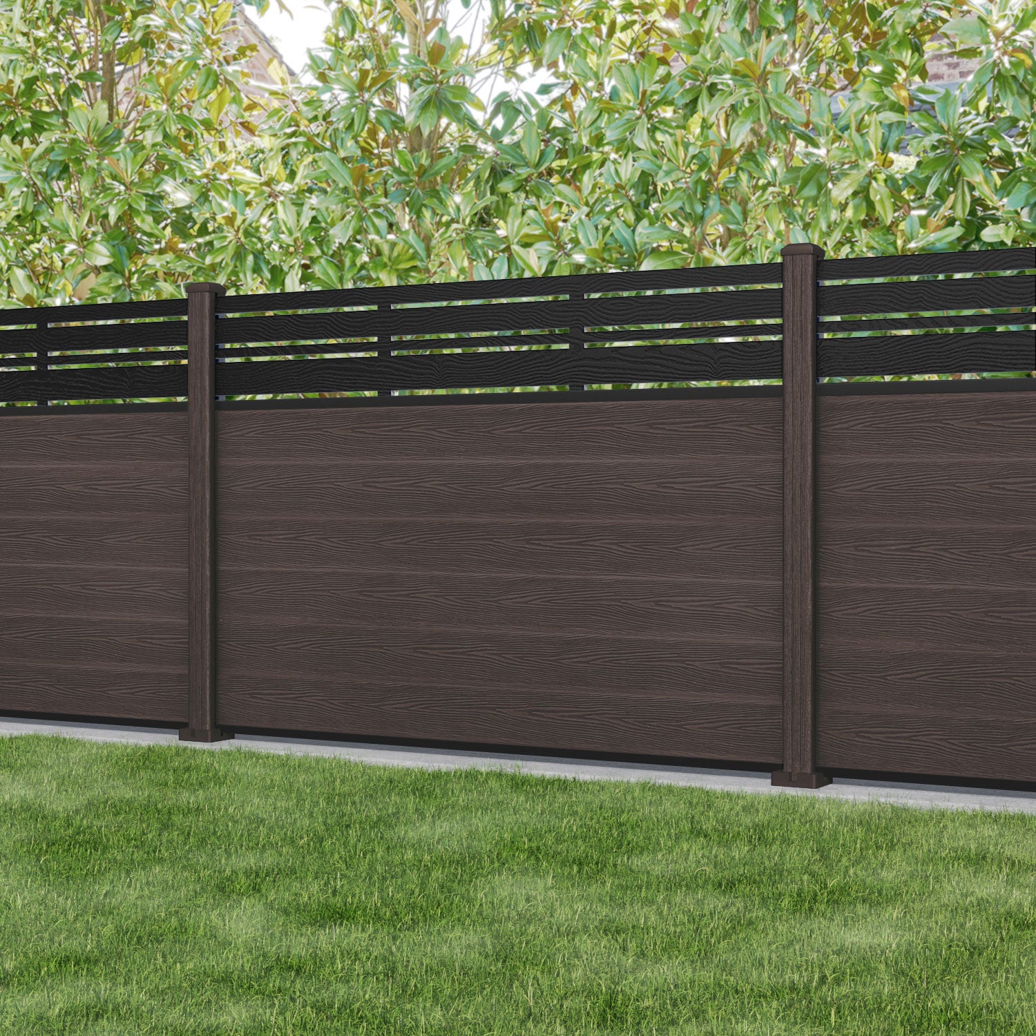 Classic Linea Fence Panel - Mid Brown - with our composite posts