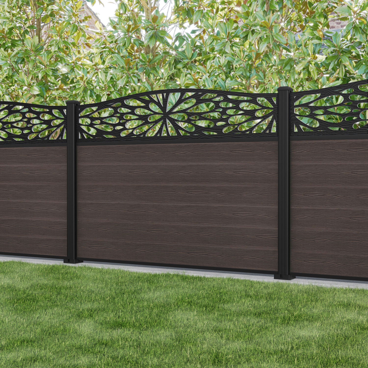 Classic Blossom Curved Top Fence Panel - Mid Brown - with our aluminium posts