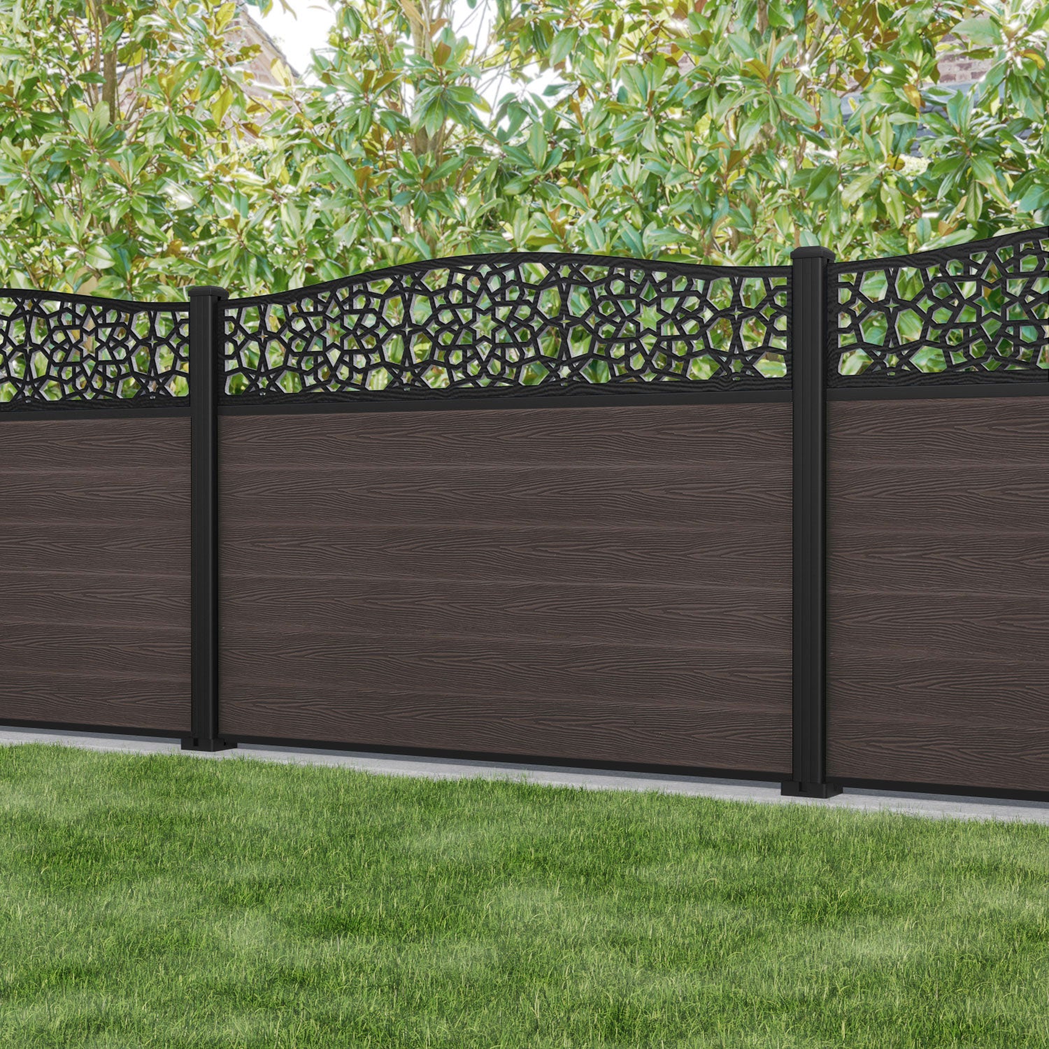 Classic Nazira Curved Top Fence Panel - Mid Brown - with our aluminium posts