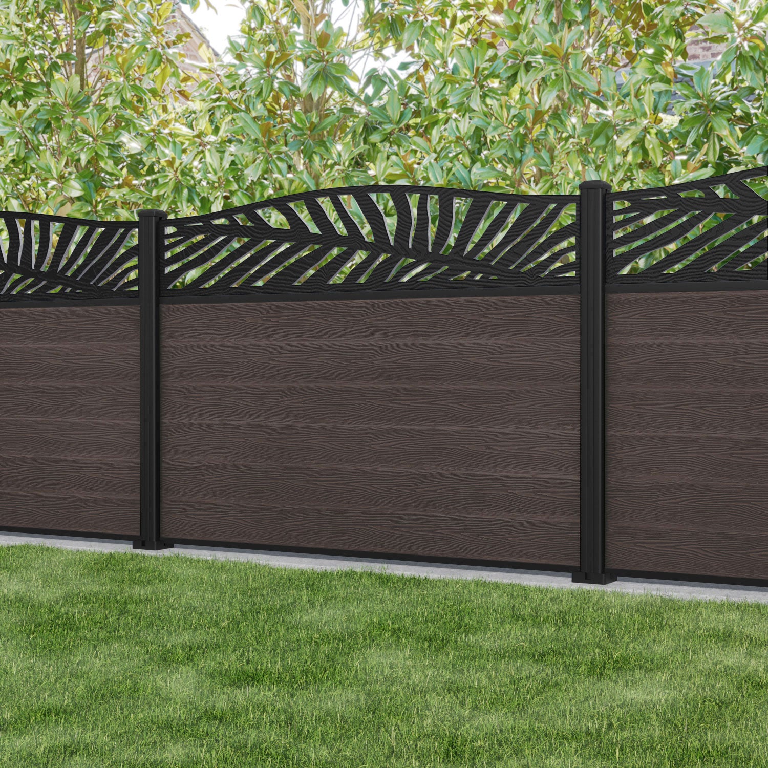 Classic Palm Curved Top Fence Panel - Mid Brown - with our aluminium posts