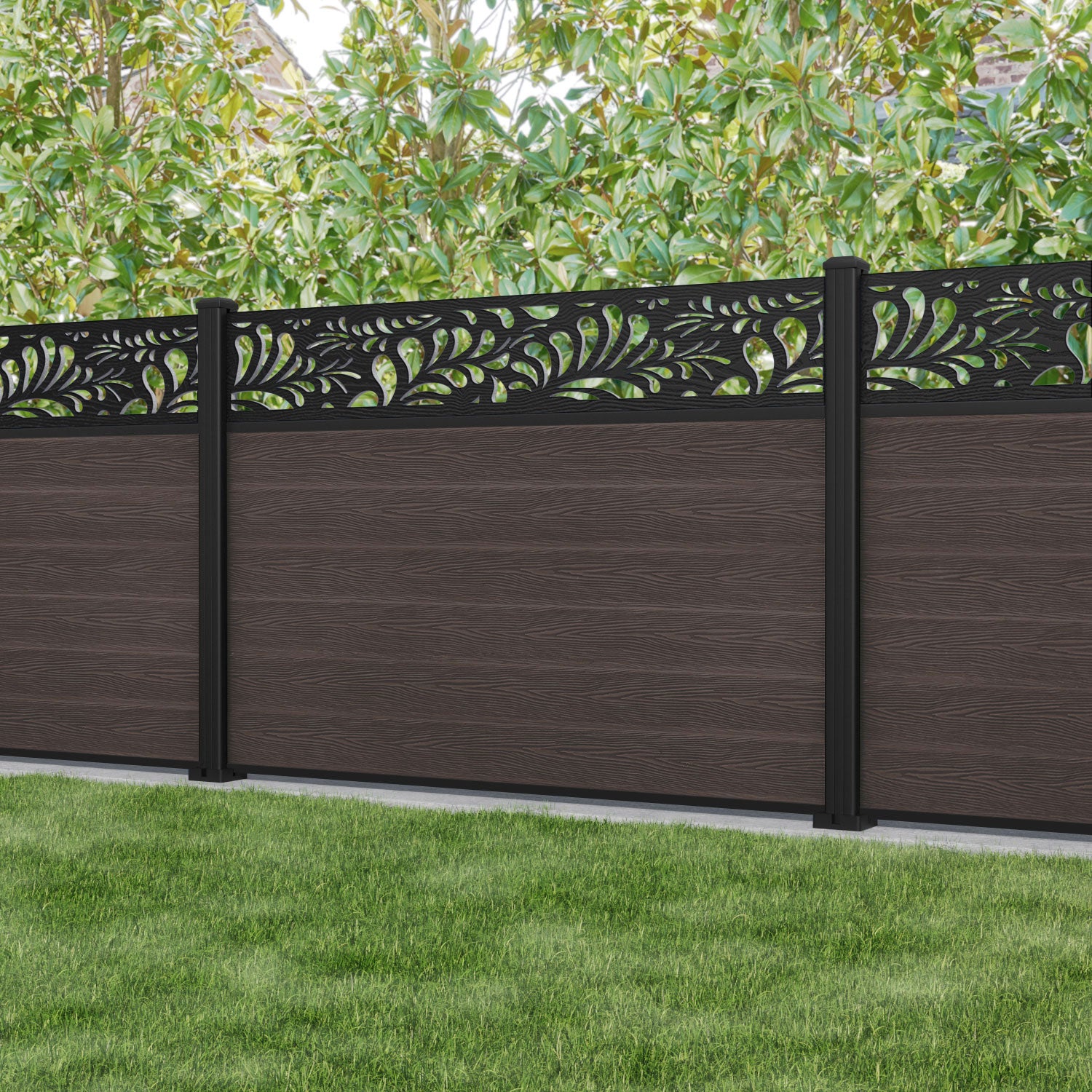 Classic Petal Fence Panel - Mid Brown - with our aluminium posts