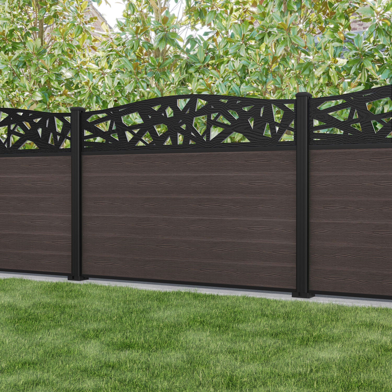 Classic Prism Curved Top Fence Panel - Mid Brown - with our aluminium posts