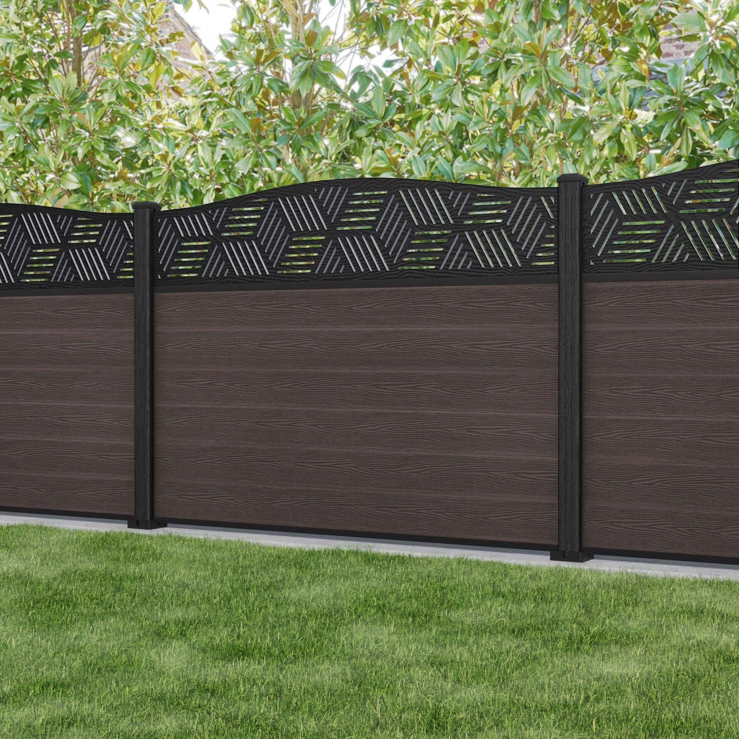 Classic Cubed Curved Top Fence Panel - Mid Brown - with our composite posts
