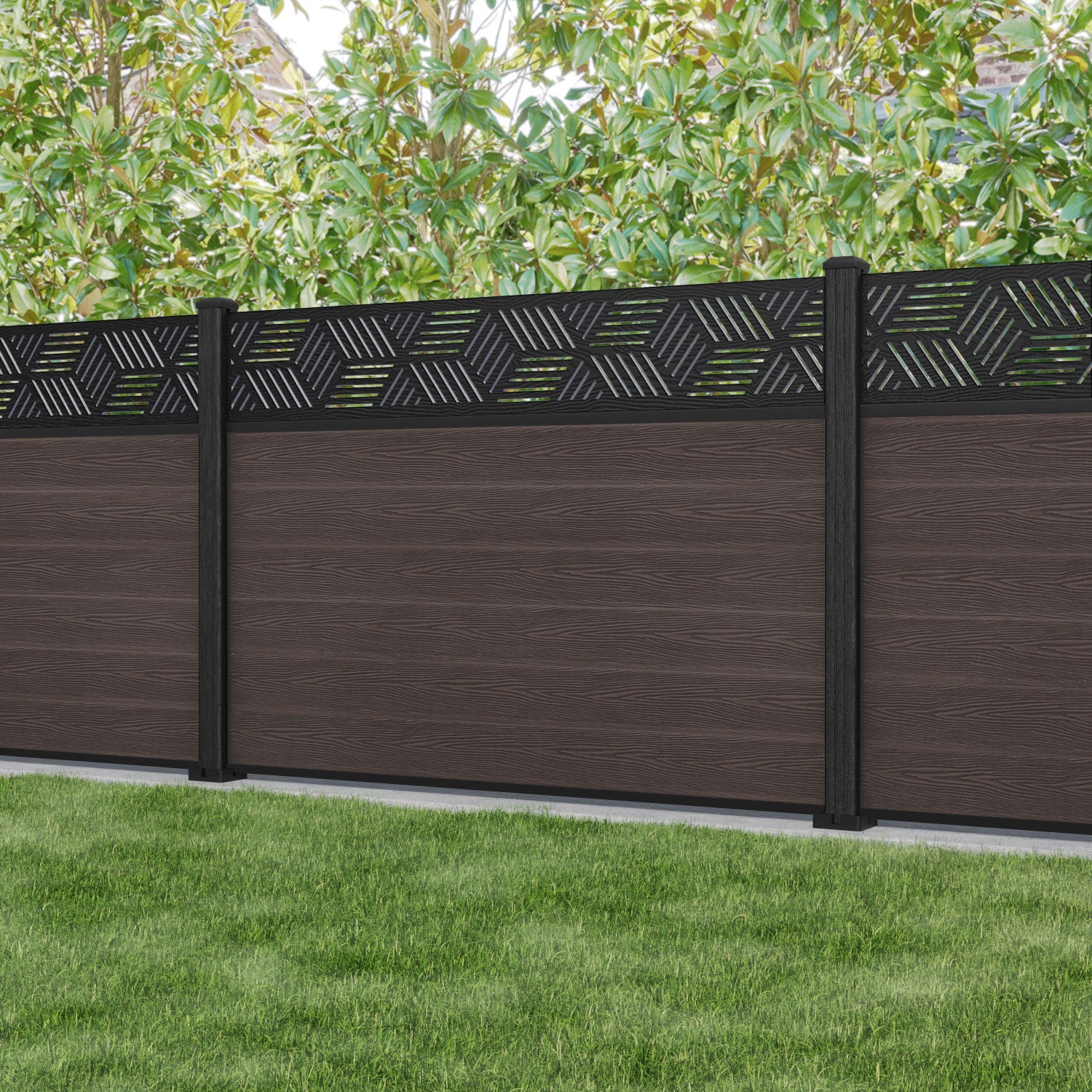 Classic Cubed Fence Panel - Mid Brown - with our composite posts