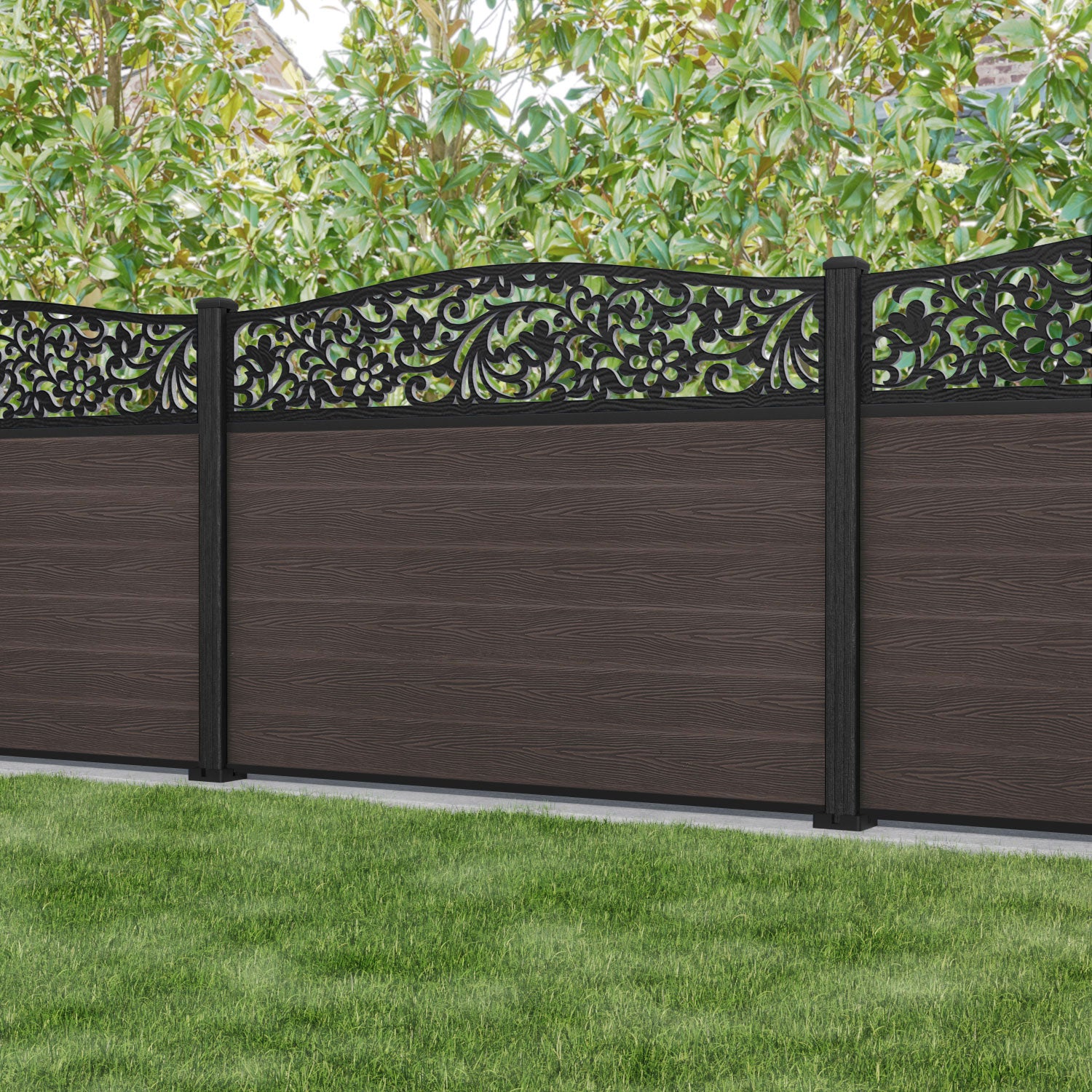Classic Eden Curved Top Fence Panel - Mid Brown - with our composite posts