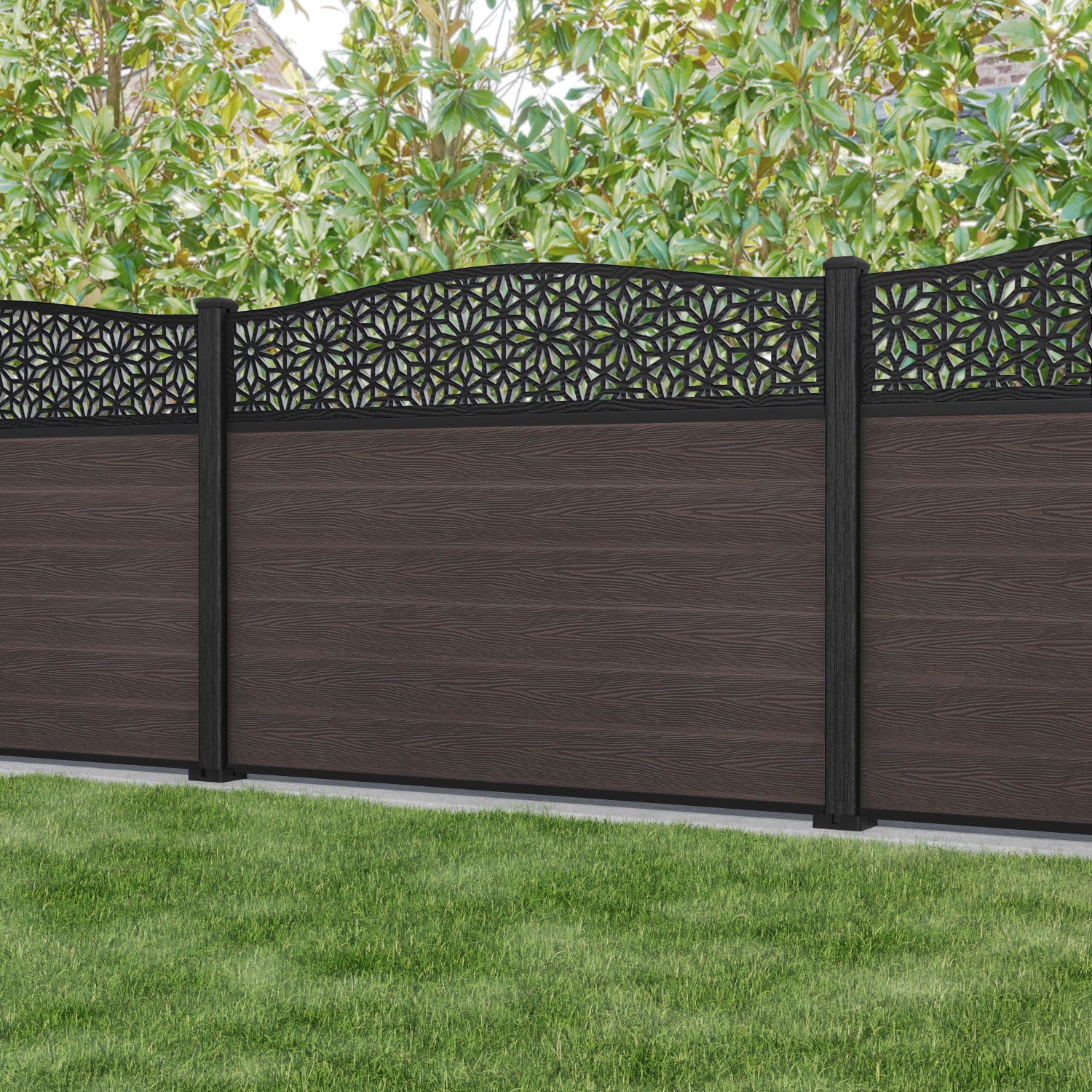 Classic Narwa Curved Top Fence Panel - Mid Brown - with our composite posts