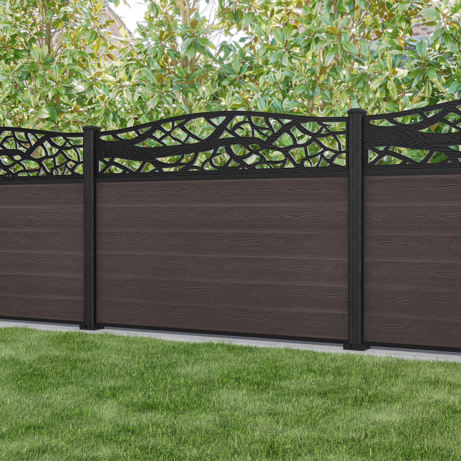Classic Twilight Curved Top Fence Panel - Mid Brown - with our composite posts