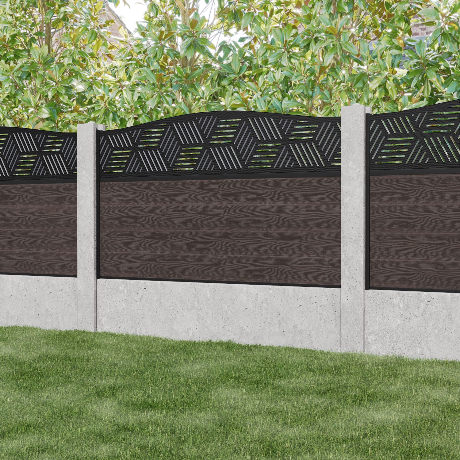 Classic Cubed Curved Top Fence Panel - Mid Brown - for existing concrete posts