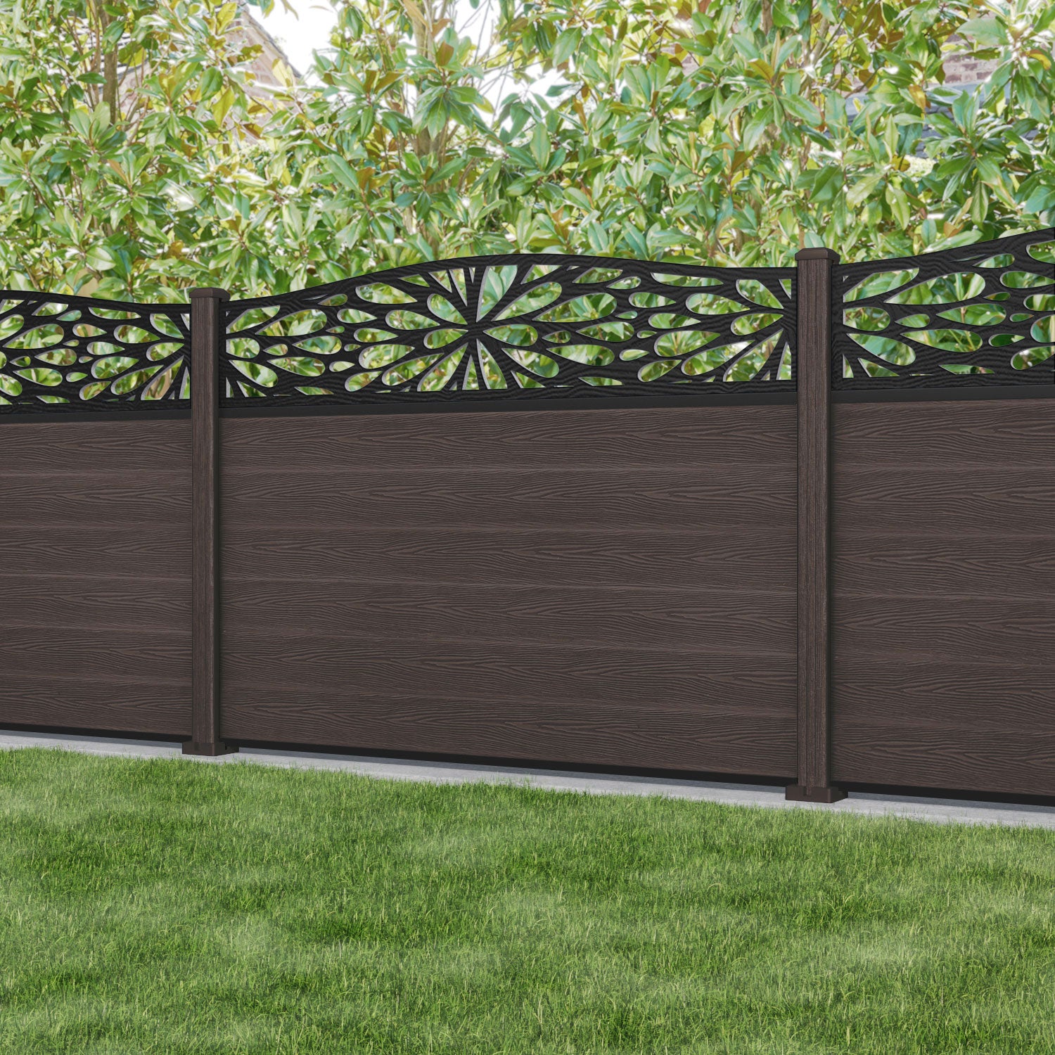 Classic Blossom Curved Top Fence Panel - Mid Brown - with our composite posts
