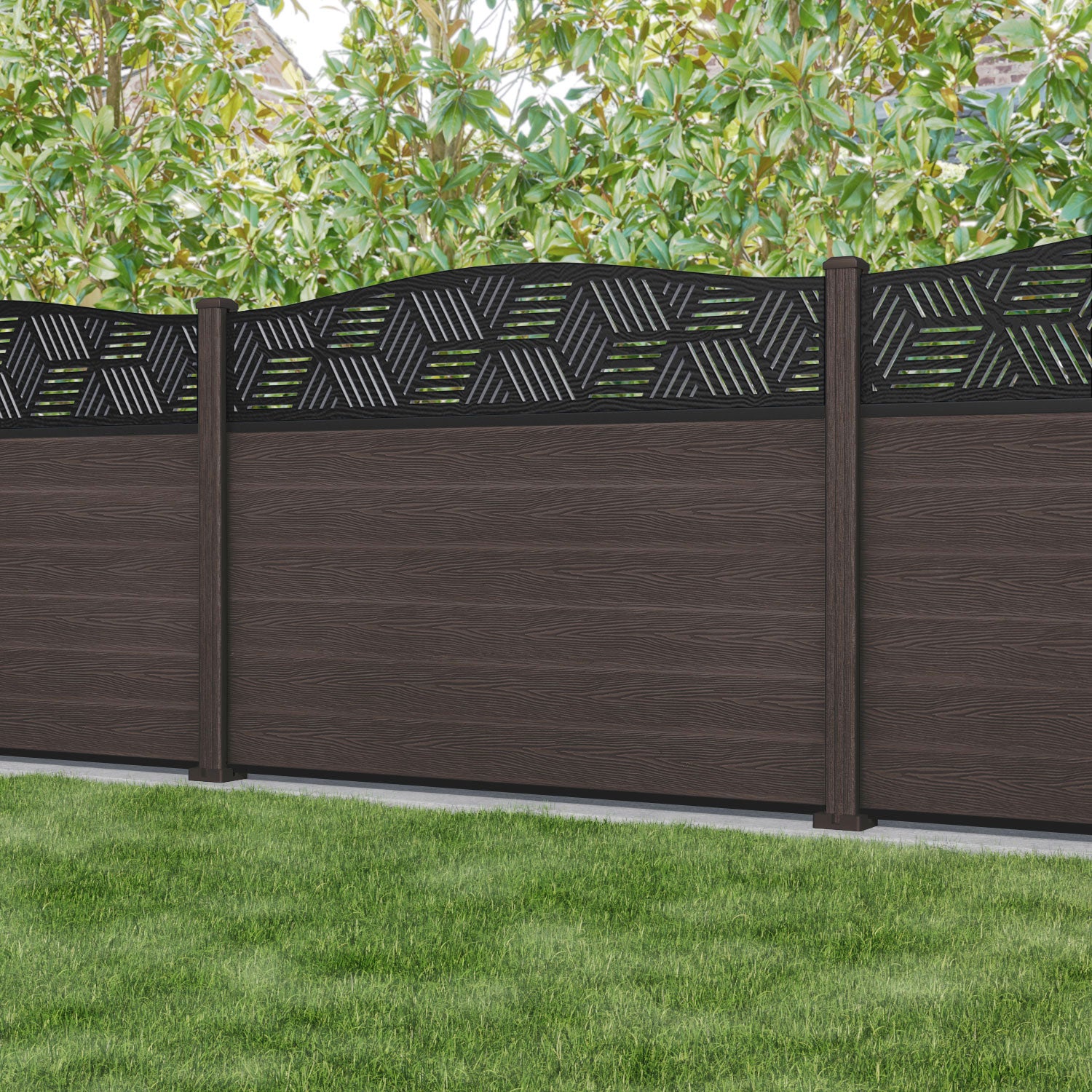 Classic Cubed Curved Top Fence Panel - Mid Brown - with our composite posts