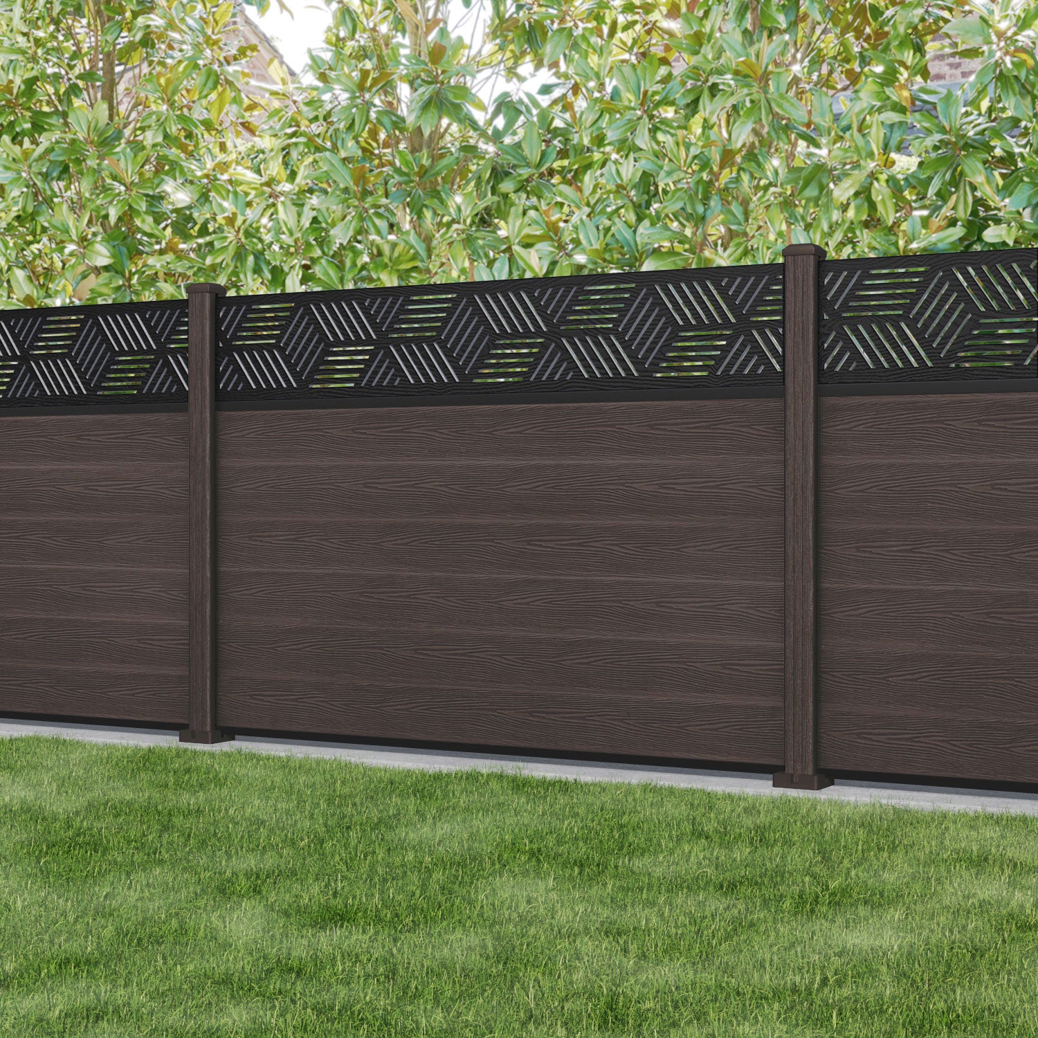 Classic Cubed Fence Panel - Mid Brown - with our composite posts