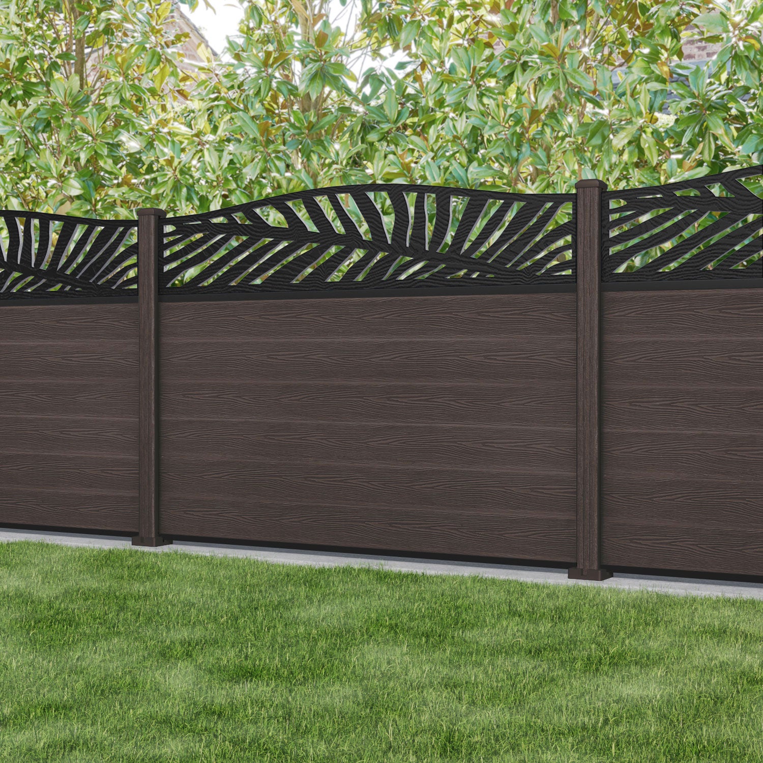 Classic Palm Curved Top Fence Panel - Mid Brown - with our composite posts