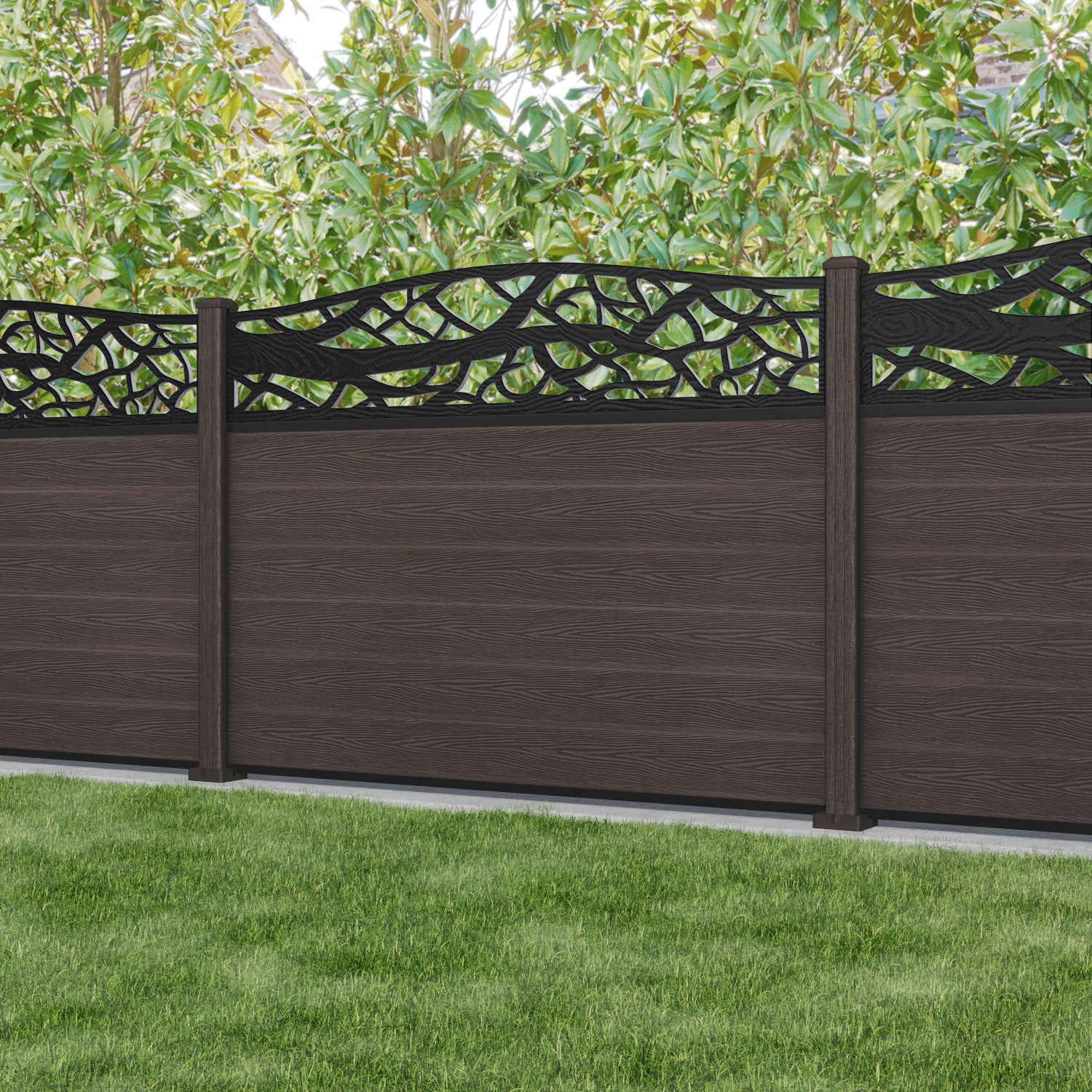 Classic Twilight Curved Top Fence Panel - Mid Brown - with our composite posts