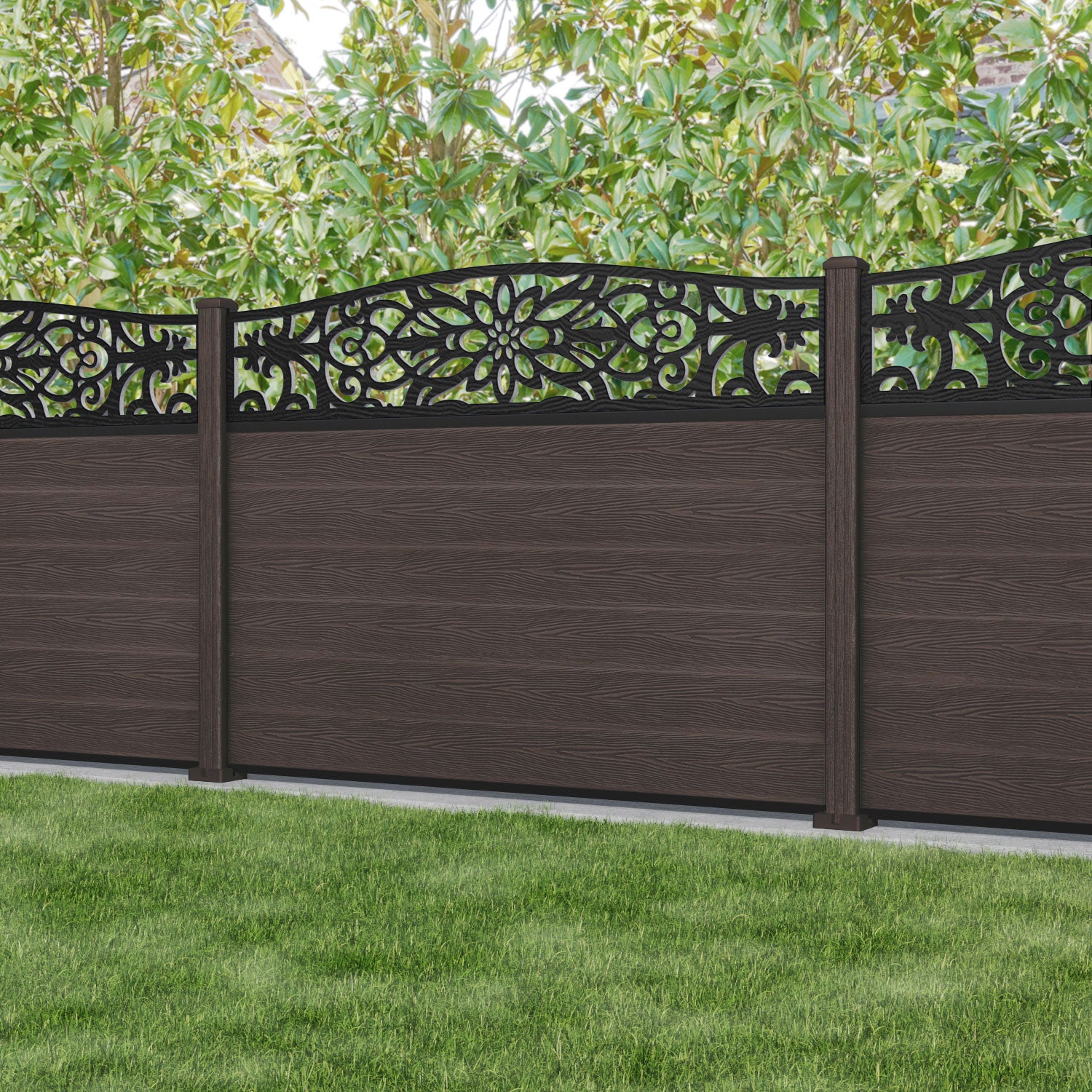 Classic Windsor Curved Top Fence Panel - Mid Brown - with our composite posts