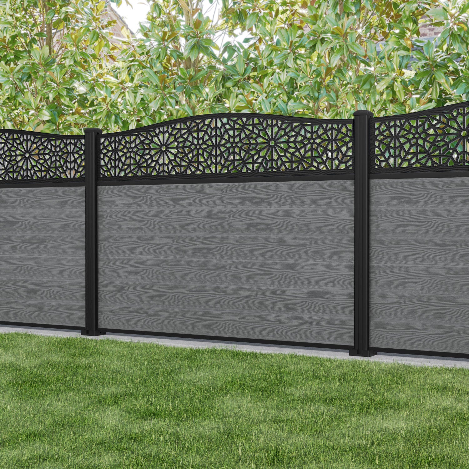 Classic Alnara Curved Top Fence Panel - Mid Grey - with our aluminium posts