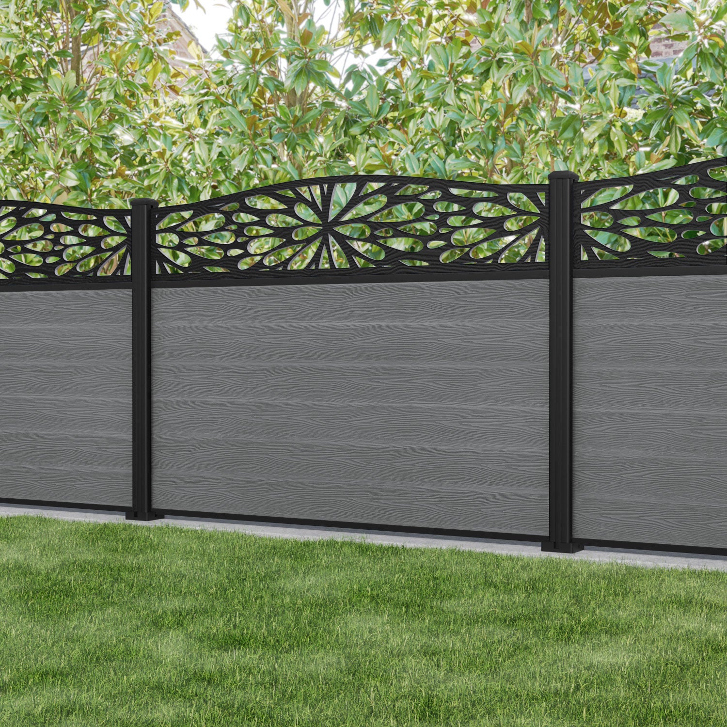 Classic Blossom Curved Top Fence Panel - Mid Grey - with our aluminium posts