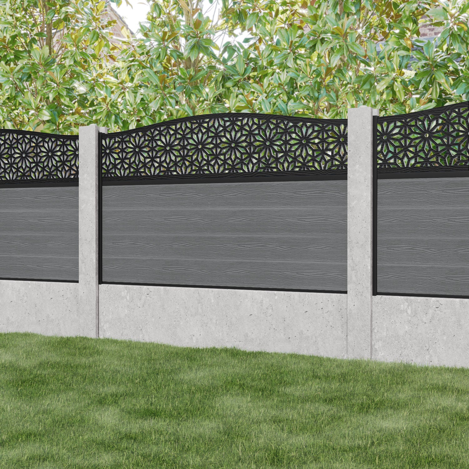 Classic Narwa Curved Top Fence Panel - Mid Grey - for existing concrete posts