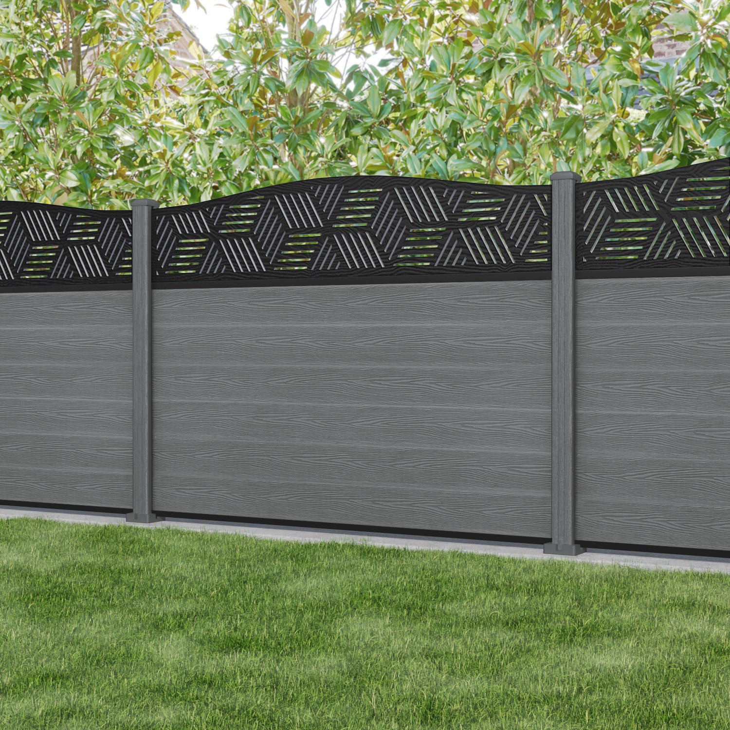Classic Cubed Curved Top Fence Panel - Mid Grey - with our composite posts