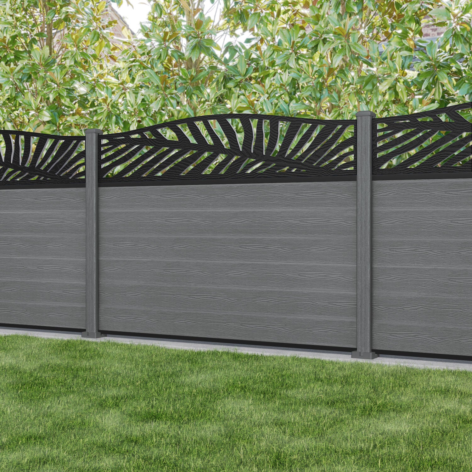 Classic Palm Curved Top Fence Panel - Mid Grey - with our composite posts