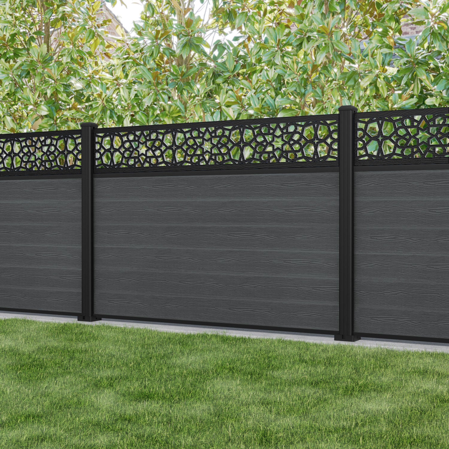 Classic Nazira Fence Panel - Dark Grey - with our aluminium posts