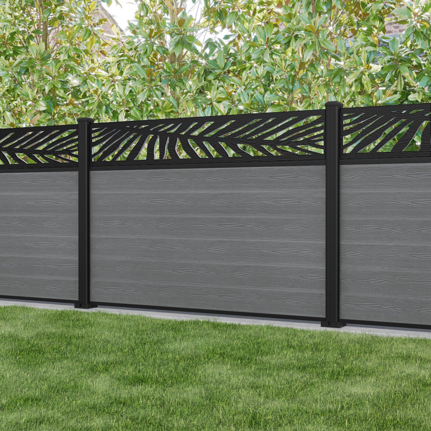 Classic Palm Fence Panel - Mid Grey - with our aluminium posts