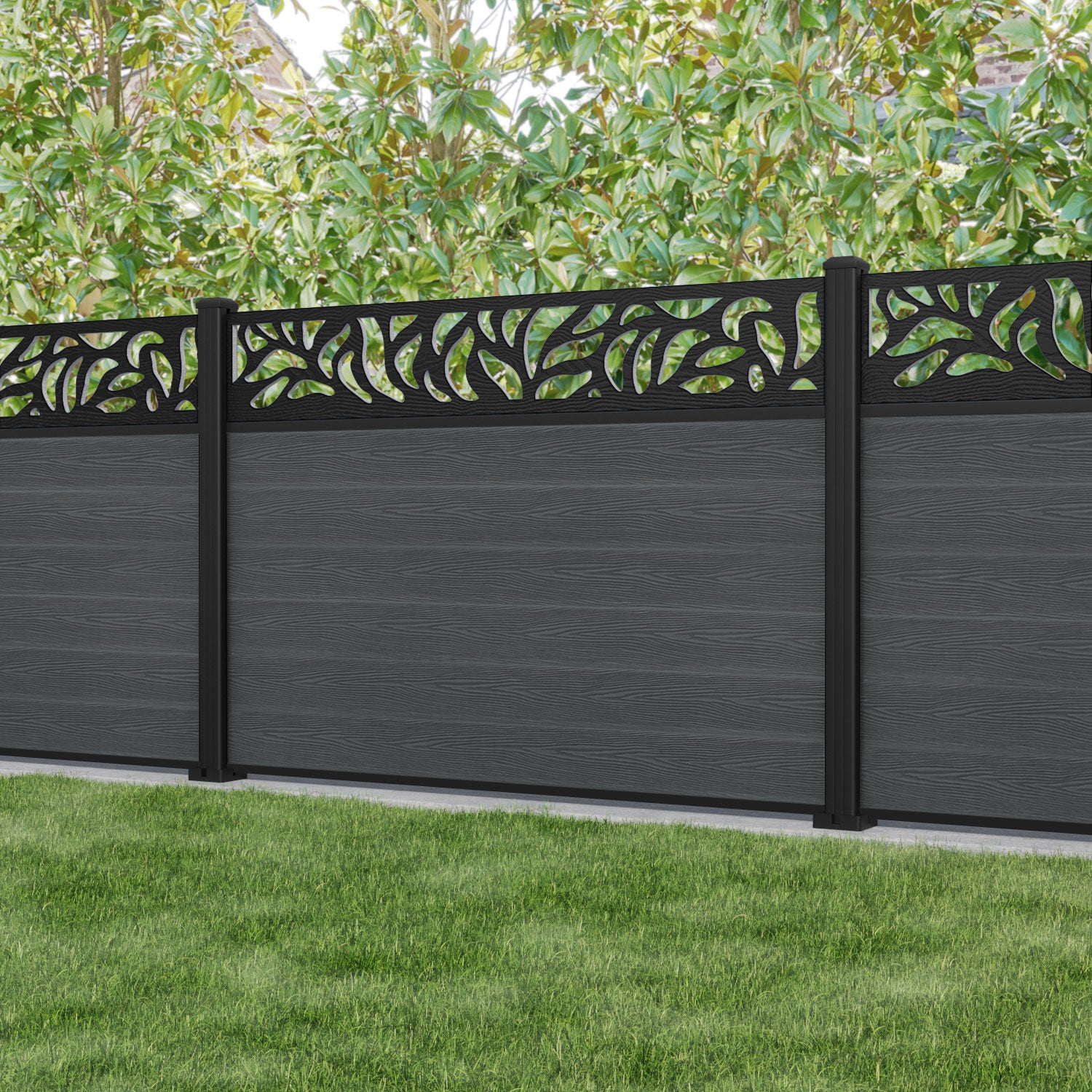 Classic Plume Fence Panel - Dark Grey - with our aluminium posts