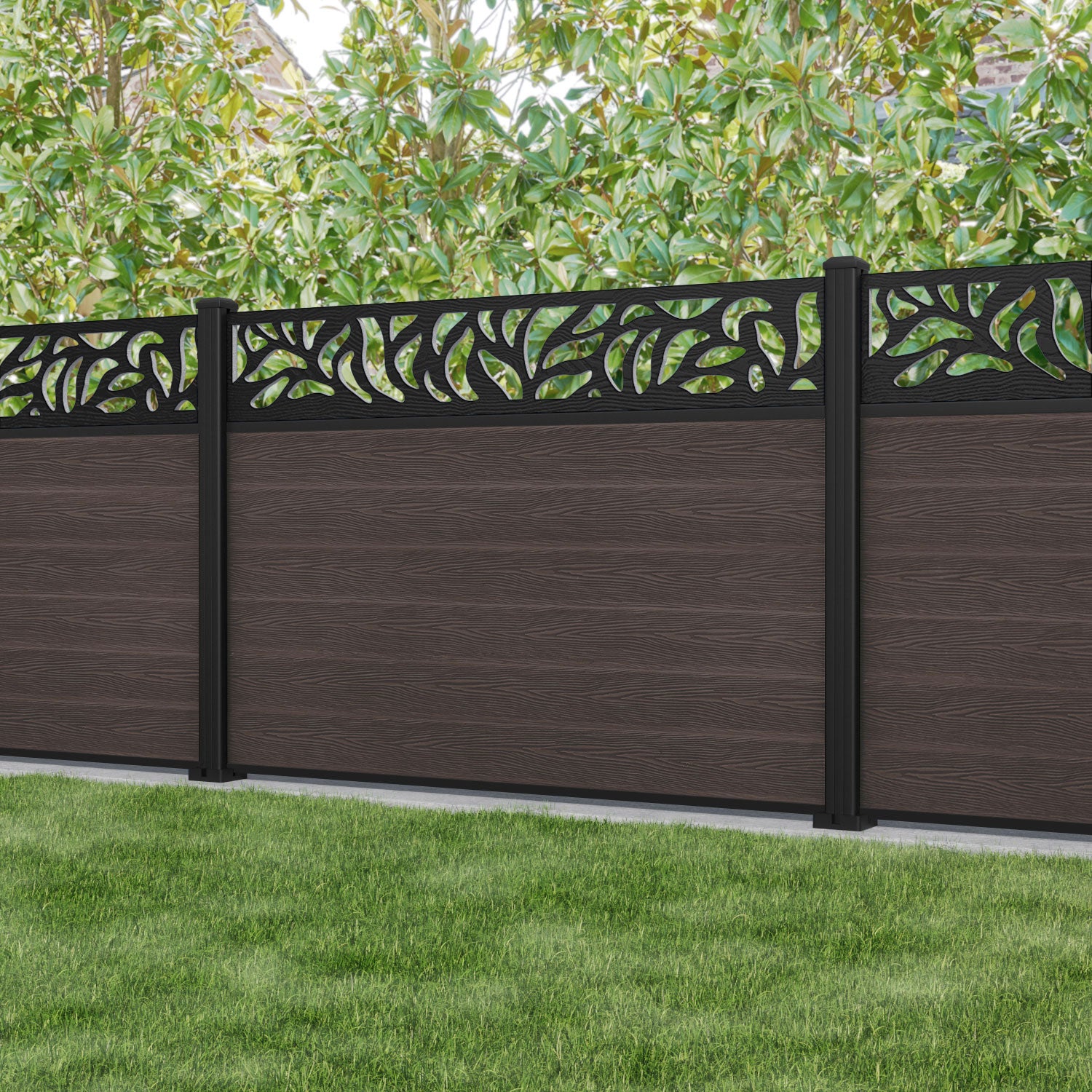 Classic Plume Fence Panel - Mid Brown - with our aluminium posts