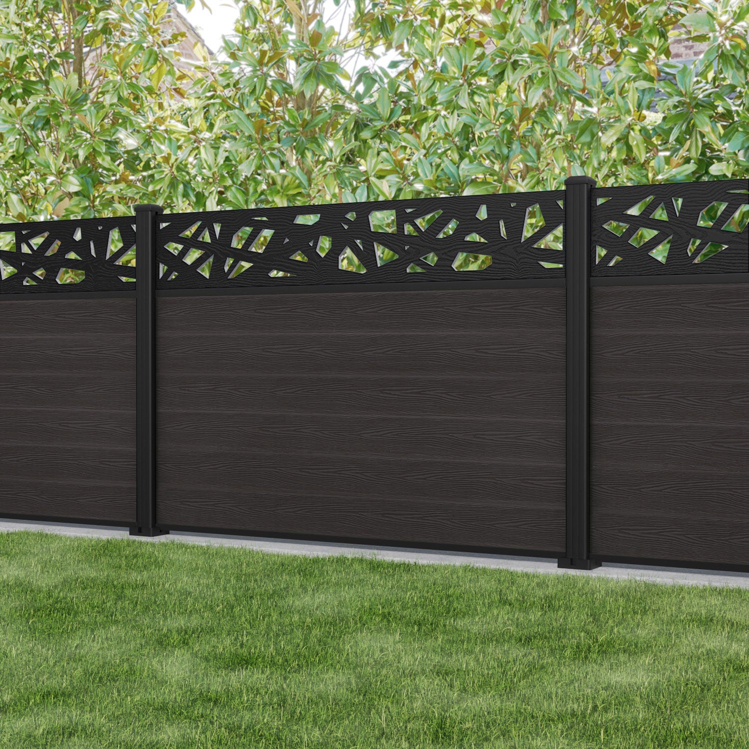 Classic Prism Fence Panel - Dark Oak - with our aluminium posts