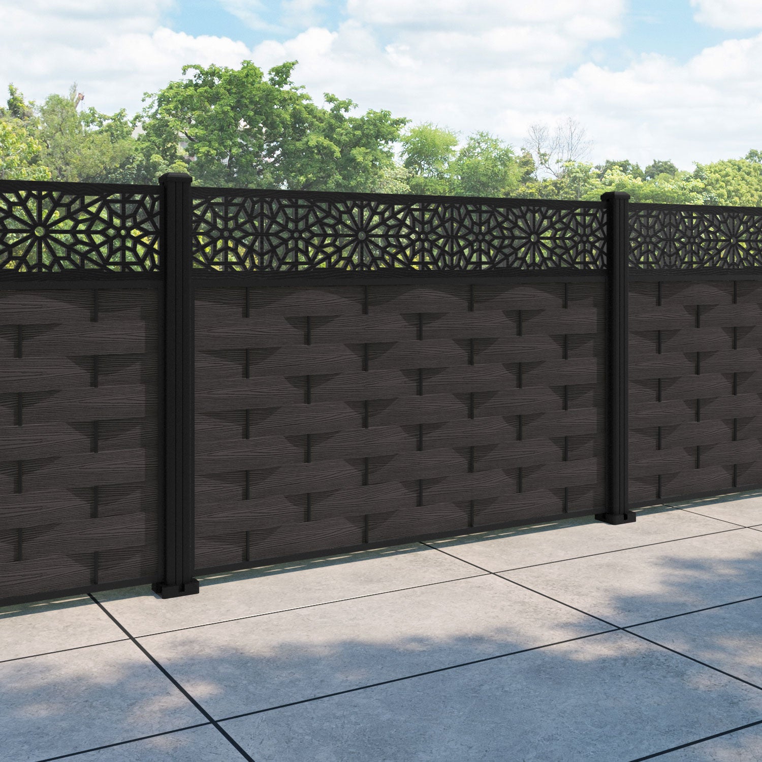 Ripple Alnara Fence Panel - Dark Oak - with our aluminium posts