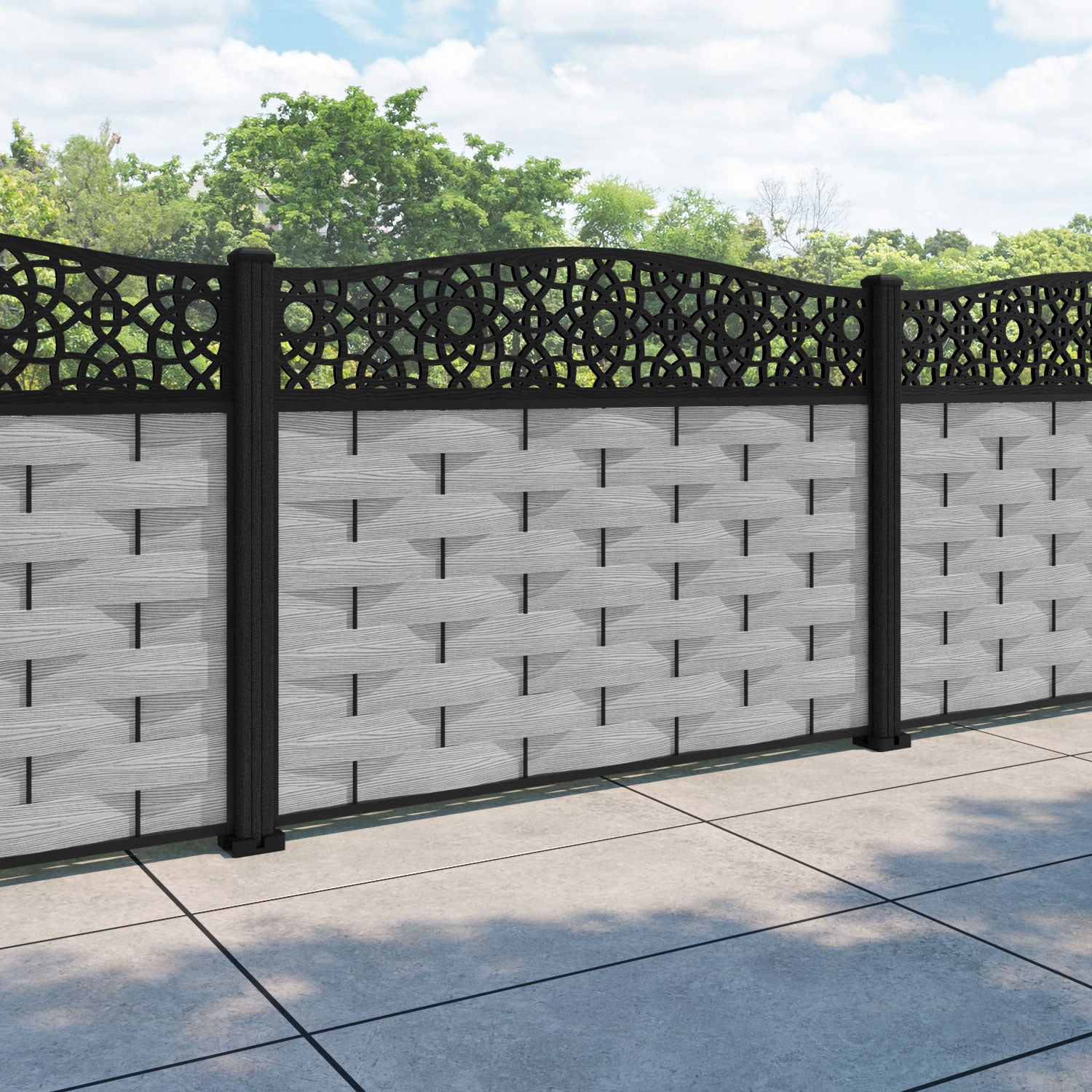 Ripple Ambar Curved Top Fence Panel - Light Grey - with our composite posts