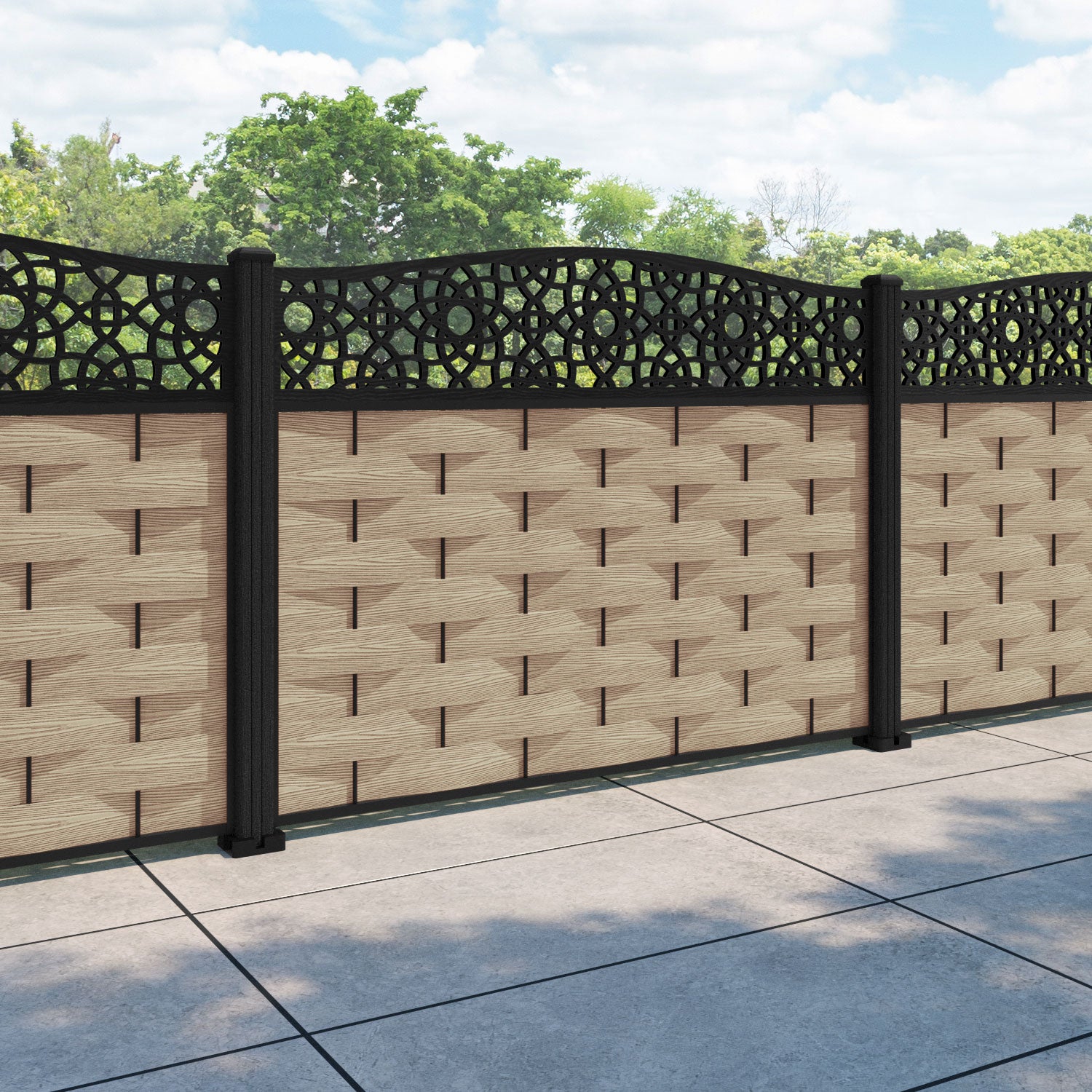 Ripple Ambar Curved Top Fence Panel - Light Oak - with our composite posts