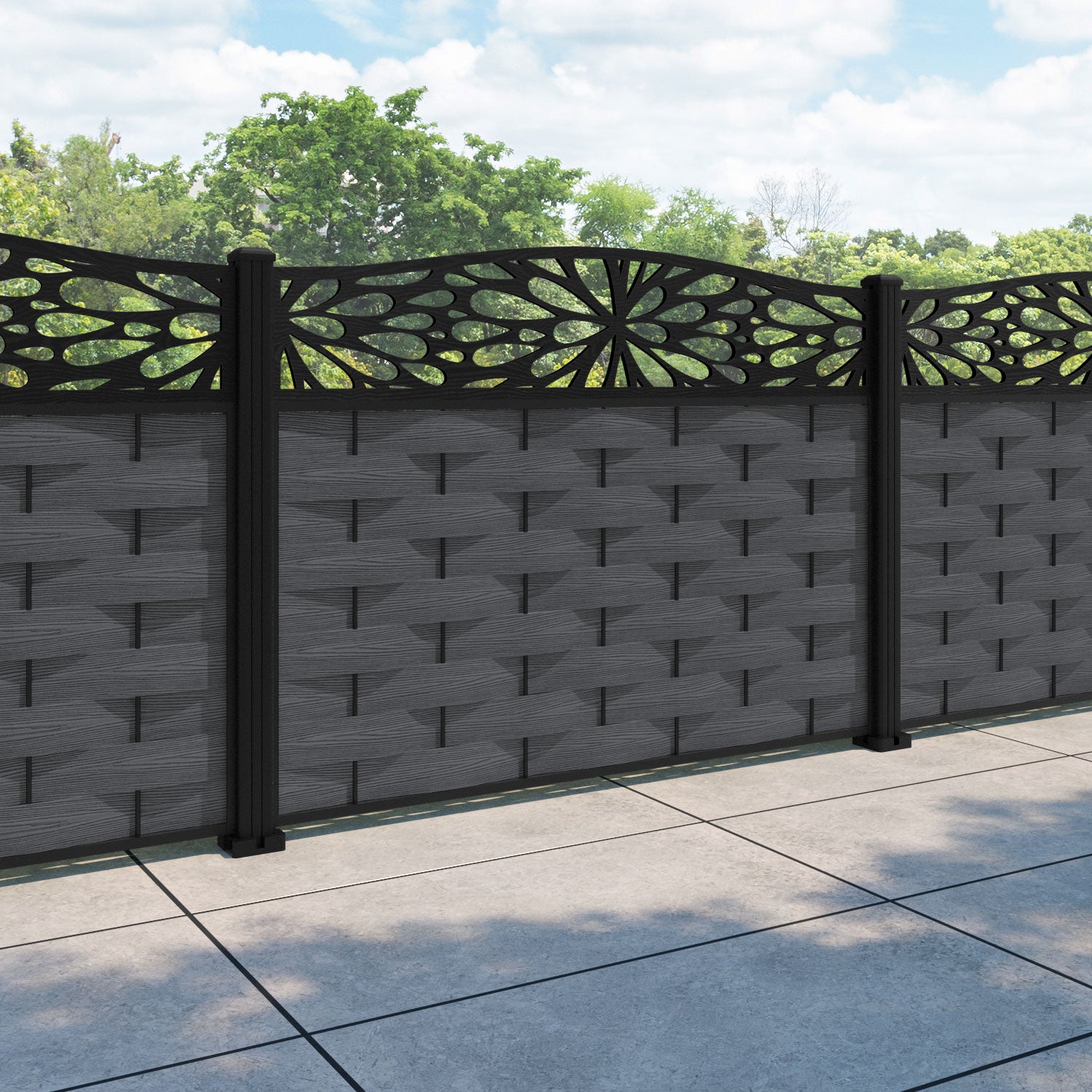 Ripple Blossom Curved Top Fence Panel - Dark Grey - with our aluminium posts