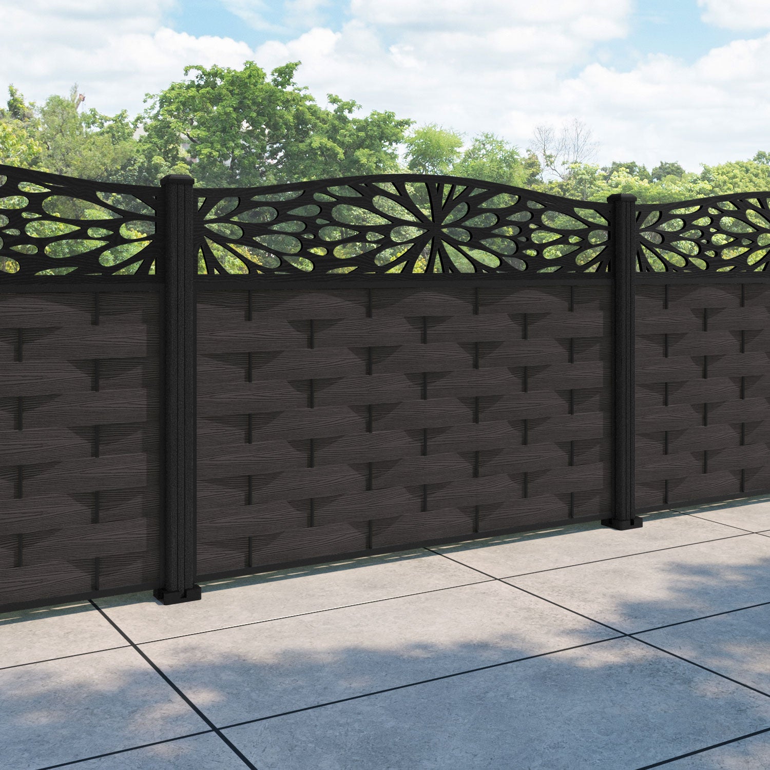 Ripple Blossom Curved Top Fence Panel - Dark Oak - with our composite posts