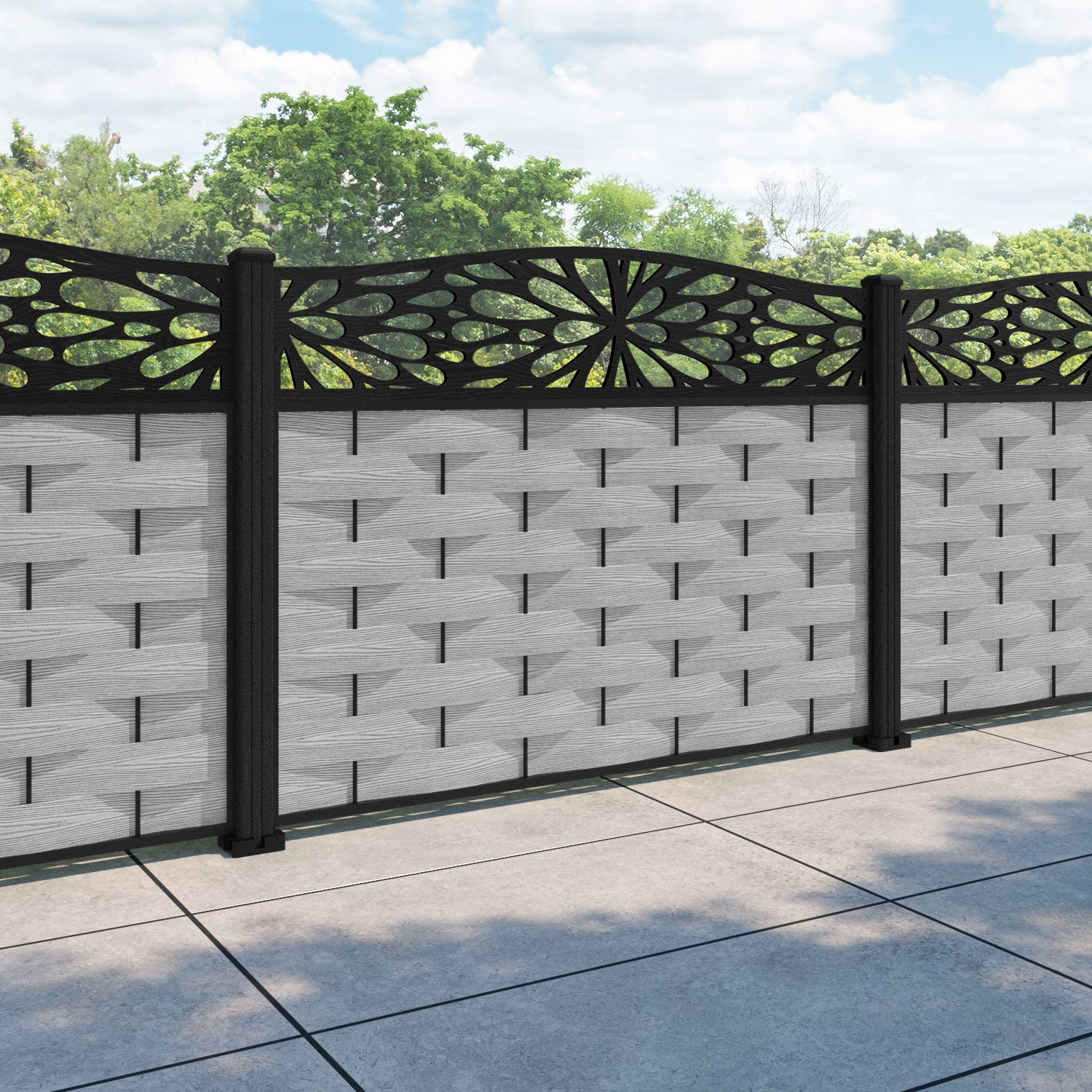 Ripple Blossom Curved Top Fence Panel - Light Grey - with our composite posts
