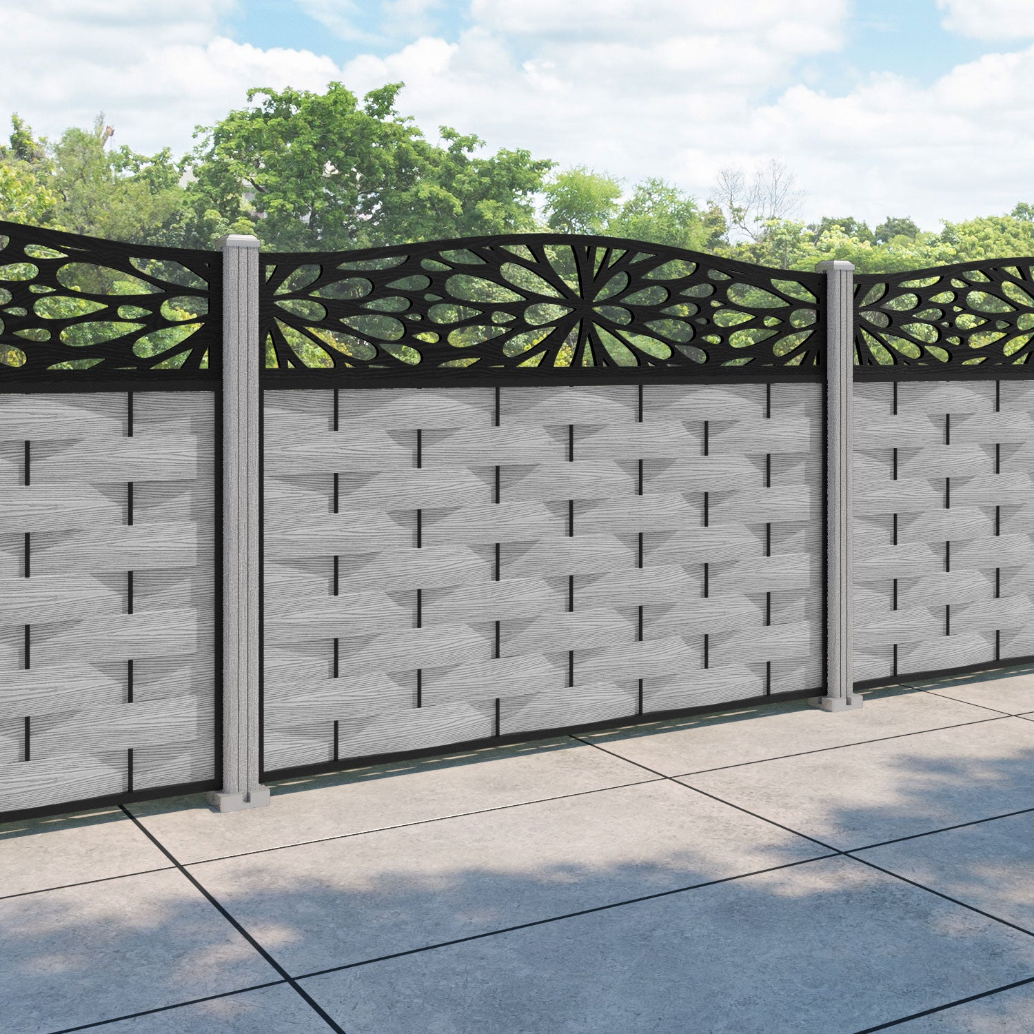 Ripple Blossom Curved Top Fence Panel - Light Grey - with our composite posts