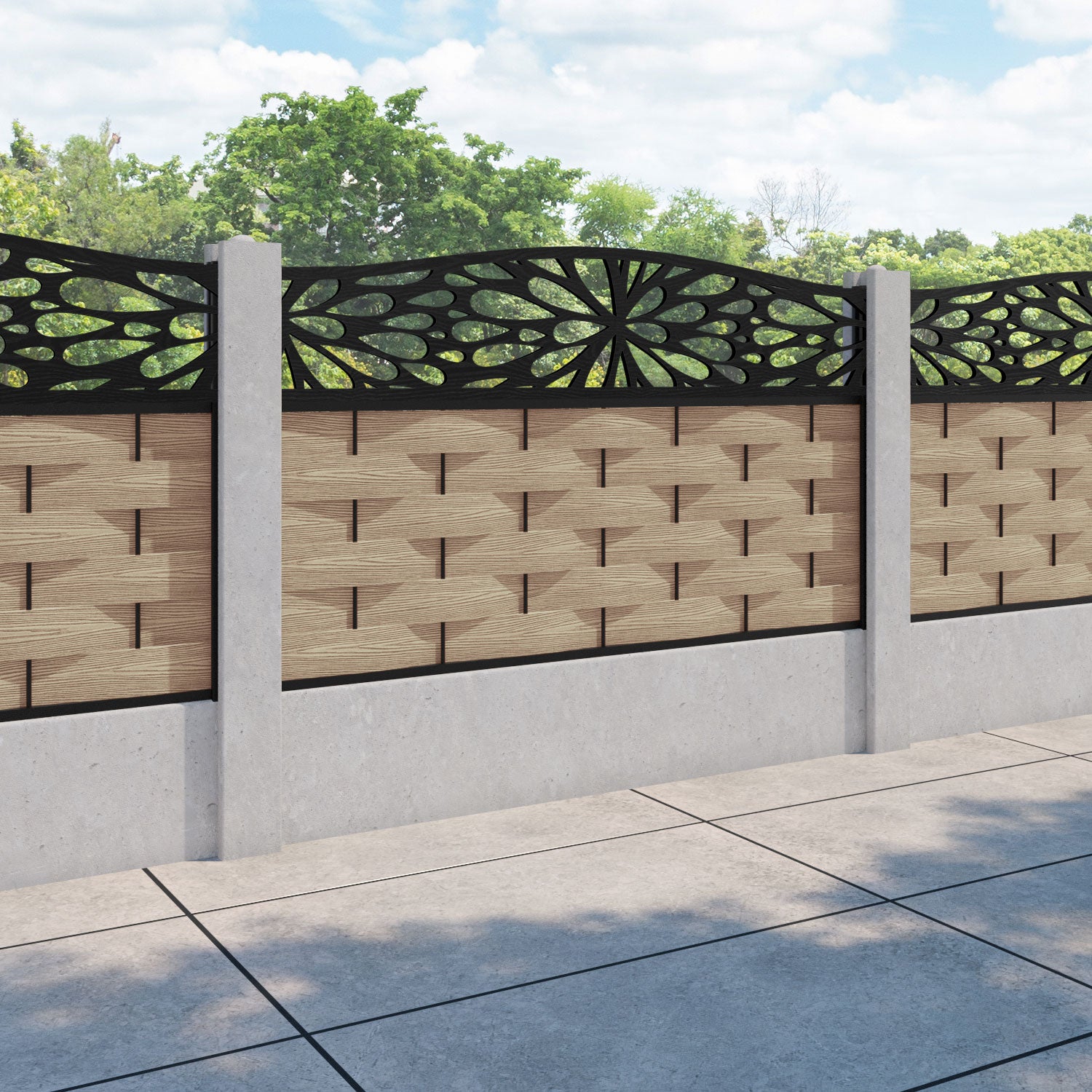 Ripple Blossom Curved Top Fence Panel - Light Oak - for existing concrete posts