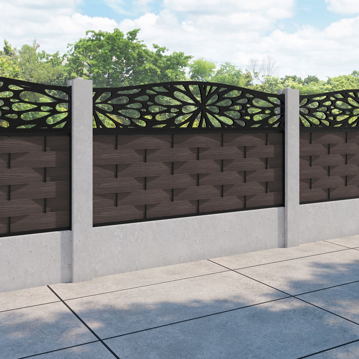 Ripple Blossom Curved Top Fence Panel - Mid Brown - for existing concrete posts